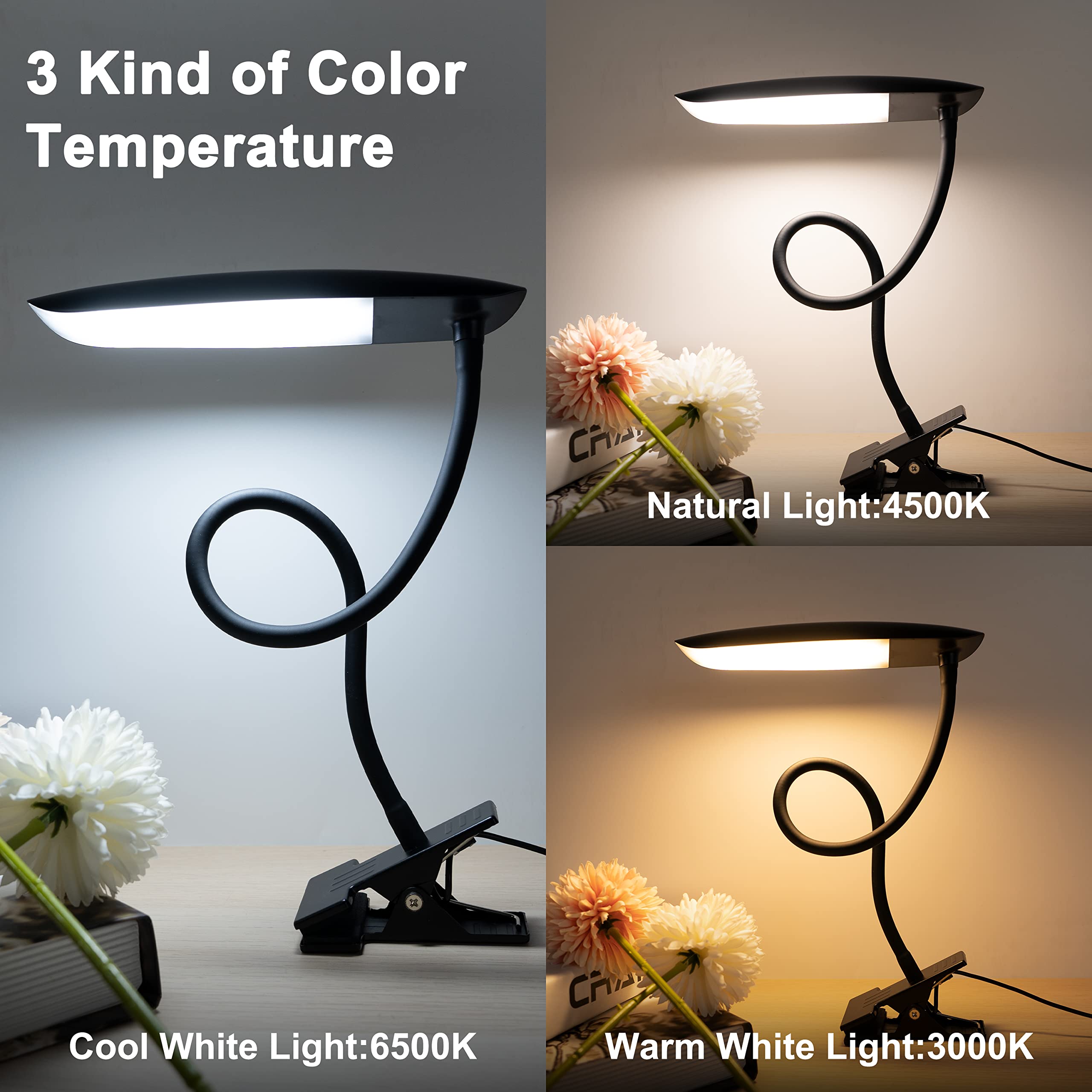USB Clip on Reading Light - 3 Color Modes (3000K-6000K), 10 Brightness Levels, 8W 40 LED Flexible Gooseneck Desk Lamp - Eye Caring Bedside Light for Headboard, Study, Office & Night Reading (No Plug)