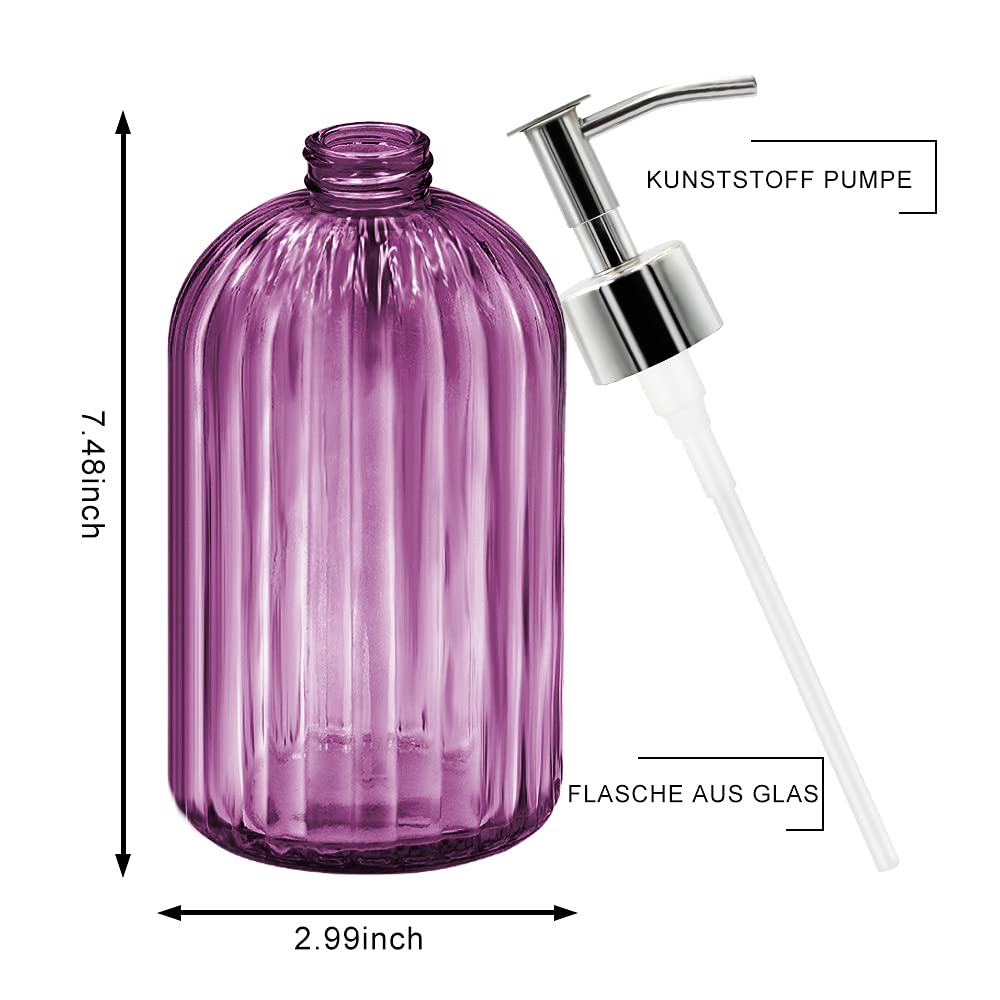 2 Pack Glass Soap Dispenser with Pump - 400ml Refillable Liquid Container for Dish Soap, Shampoo & Lotion | Elegant Purple Design for Kitchen, Bathroom & Laundry Room Organization