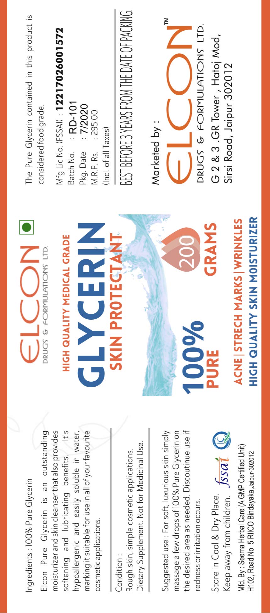 Elcon's® Pure Vegetable Glycerin 200g - 100% Natural Skin Protectant for Diaper Rash, Acne & Stretch Marks | Hydrating Moisturizer for Dry Skin, Hair Care & DIY Beauty Products
