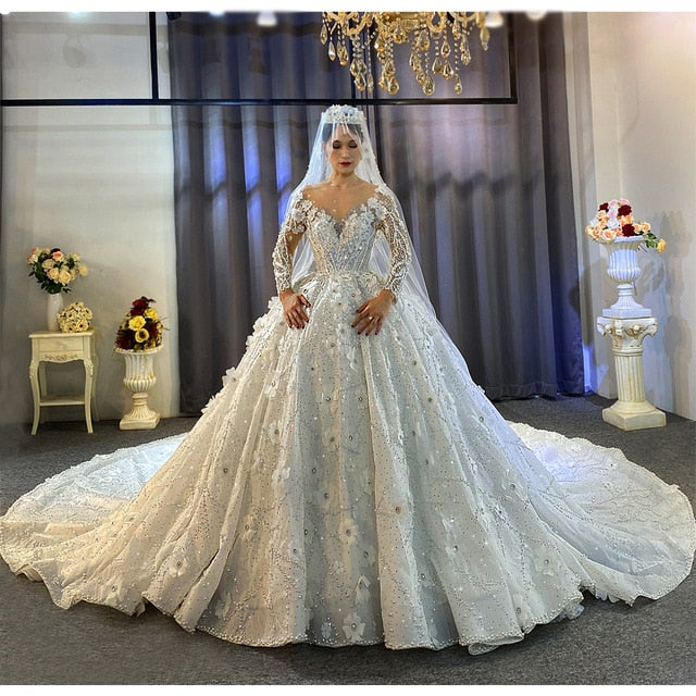 Elegant 2020 Off-White Beaded Wedding Dress - Heavy Embellishment Bridal Gown for Bride | Perfect for Church Ceremony, Beach Wedding & Formal Reception