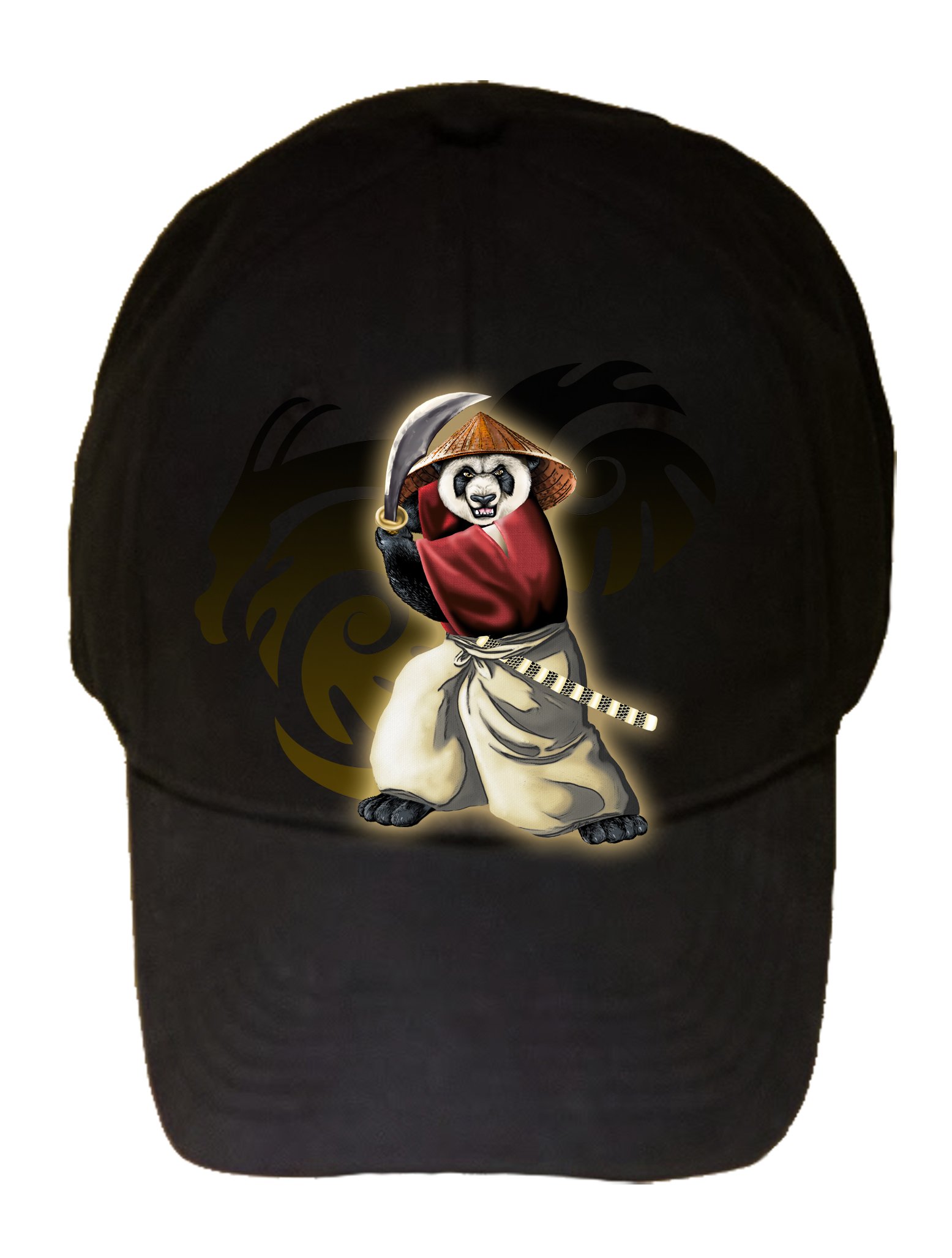 Panda Warrior Bear Ninja Cap with Sword & Hat - Black 100% Cotton Adjustable Baseball Hat for Cosplay, Costume Parties & Anime Conventions