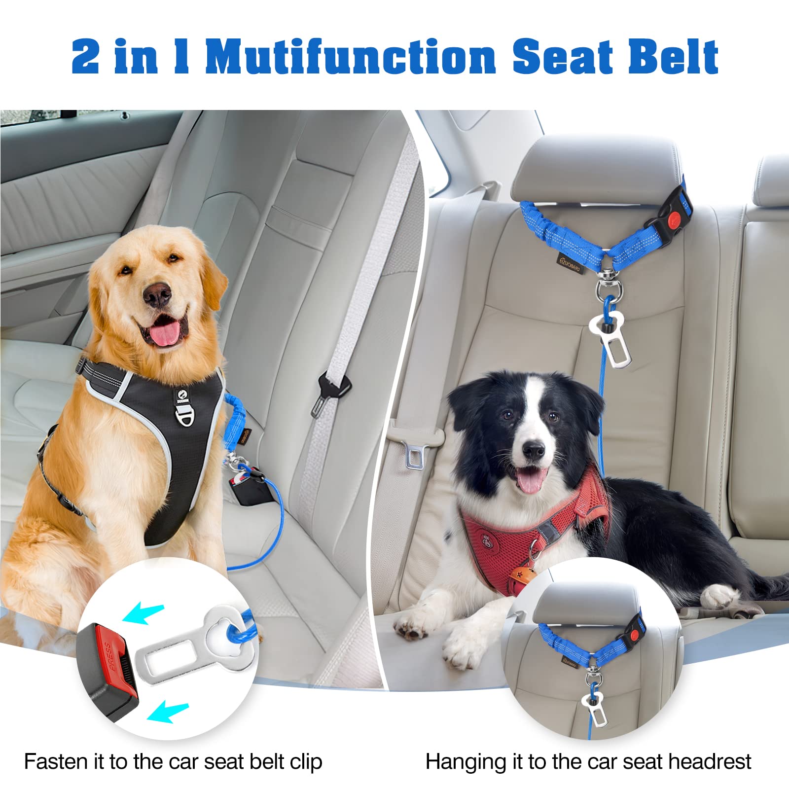 Chew Proof Dog Car Seat Belt - Heavy Duty 2-in-1 Steel Cable Dog Seat Belt for Medium & Large Dogs, Swivel Attachment Headrest Restraint - Perfect for Road Trips & Safe Car Travel with Chewing Dogs