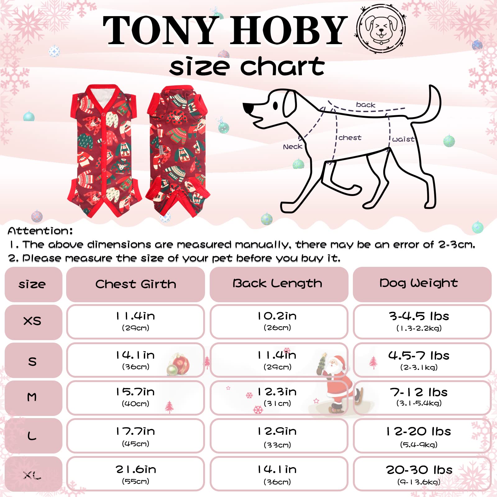 TONY HOBY Dog Pajamas for Small & Medium Dogs - Warm Winter Dog Shirts & Jumpsuit Pajamas (Red, Girl, XS) - Cozy Sleepwear for Cold Weather & Indoor Lounging