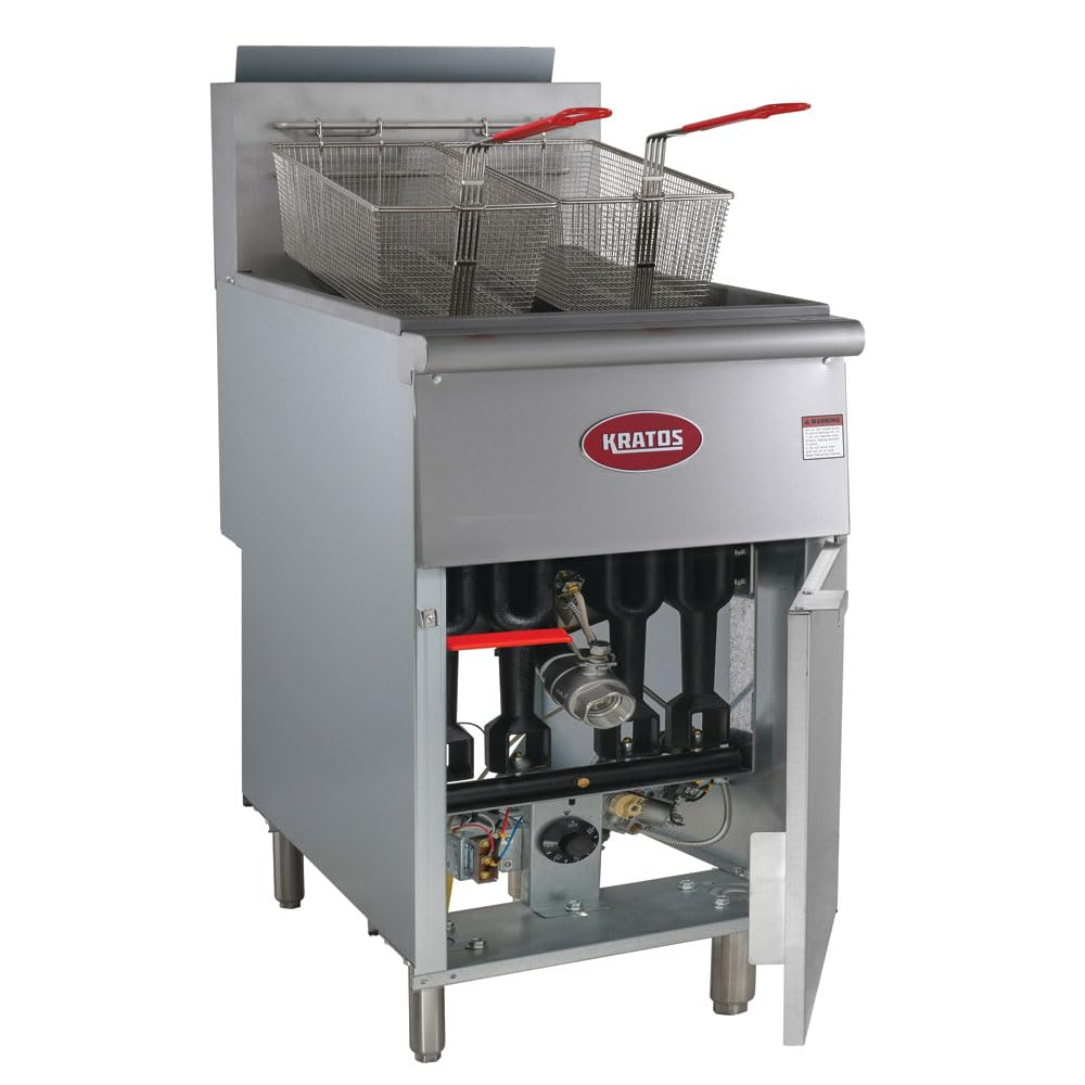 Kratos Commercial Gas Floor Deep Fryer - 70-100 lb Oil Capacity, 5 Heating Tubes, 150000 BTU, Stainless Steel with 2 Fryer Baskets (29Y-012-NAT) - Perfect for Restaurants, Food Trucks & Catering Businesses