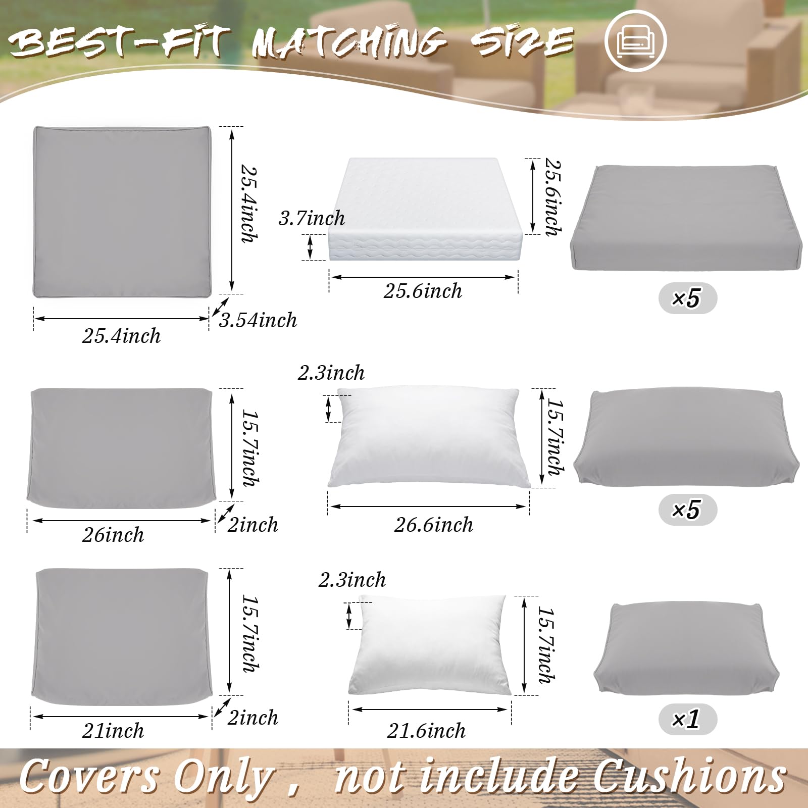 Patelai 11-Piece Outdoor Sectional Cushion Covers Set - Waterproof Patio Sofa Slipcovers for Furniture (3 Sizes, Light Gray) - Perfect for Backyard, Deck & Poolside Lounge