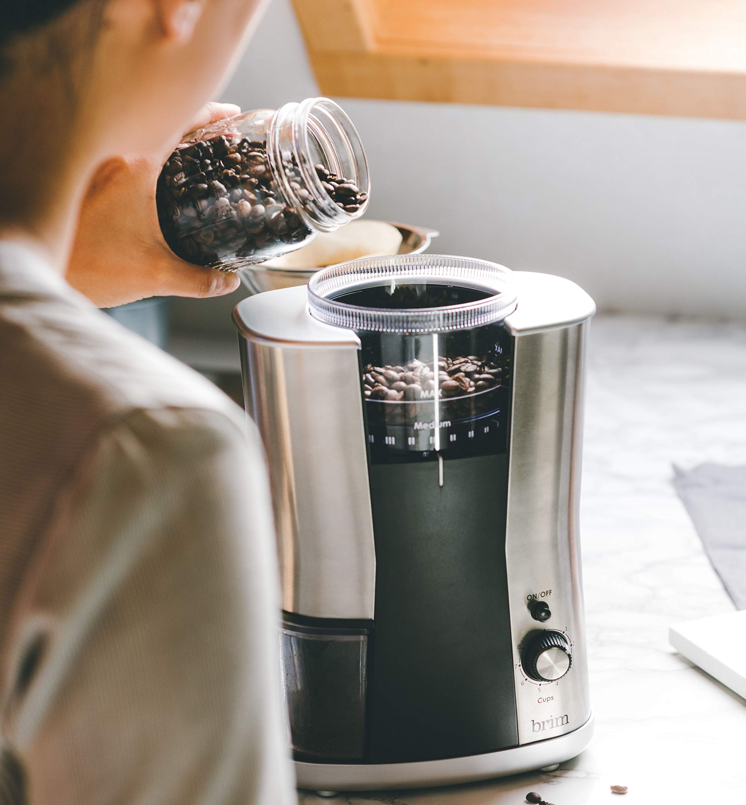 Premium BRIM Conical Burr Coffee Grinder - 17 Precise Grind Settings for Espresso to French Press, Removable Bean Hopper & Auto Shut-Off, Stainless Steel/Black - Perfect for Home Baristas & Coffee Enthusiasts