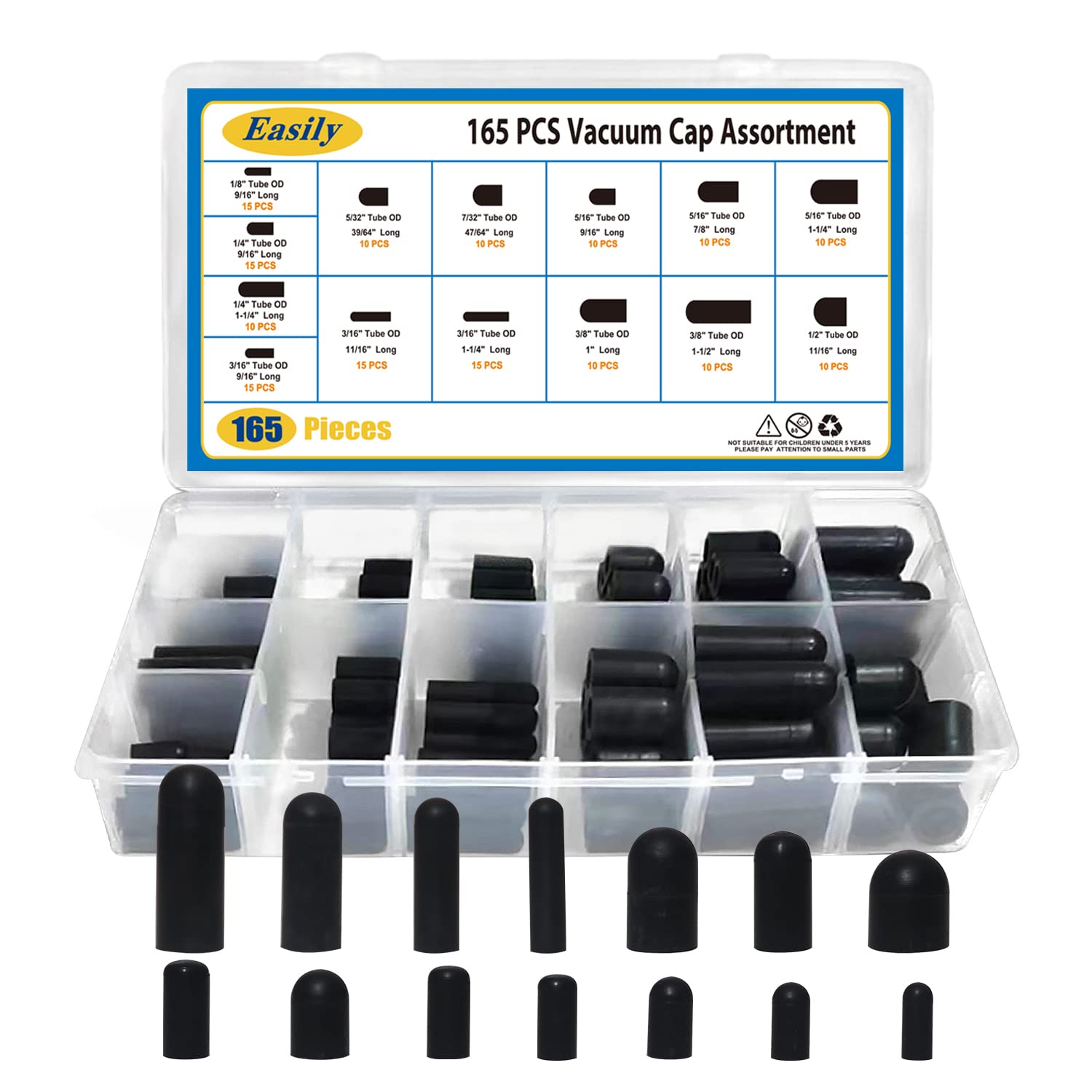 165 PCS Vacuum Caps Rubber Plug Kit - 14 Size Assorted Hose End Caps for Carburetor, Manifold & Automotive (3/16