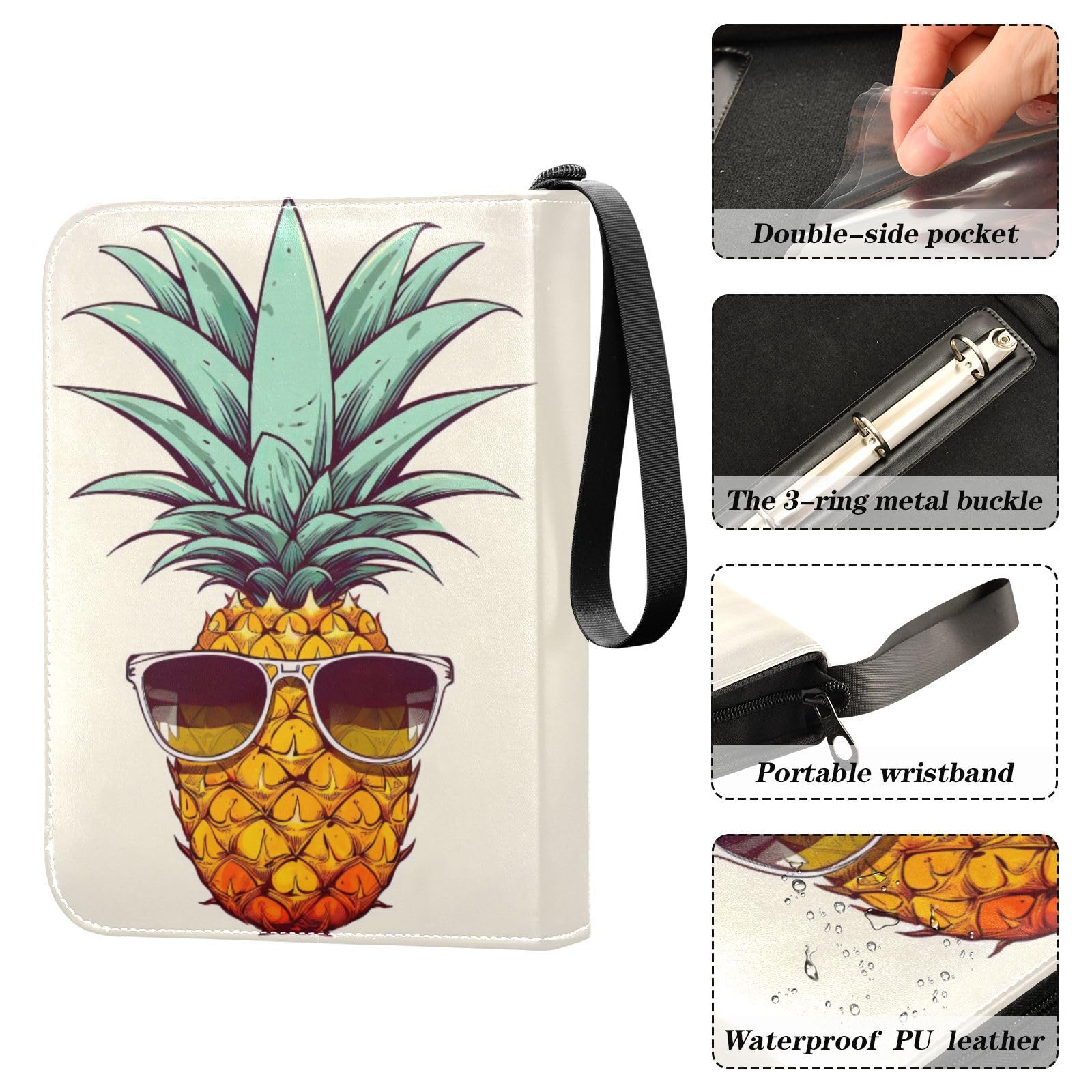 Joko Ivery Pineapple Sunglasses Trading Card Binder - 4 Pocket PU Leather Zip Album with 400 Side Loading Pockets | Durable Card Holder for Sports, Gaming & Collectible Cards | Perfect for Boys, Girls & Card Game Enthusiasts | Great for Storage, Organization & Trading Events