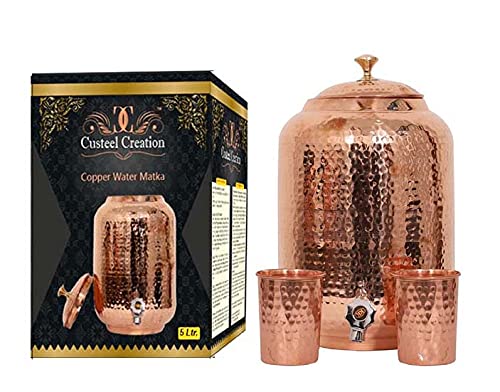 Pure Copper Drinkware Set - 5 Liter Copper Water Pot with 2 Glasses | 3-Piece Copper Water Container Set for Ayurveda & Wellness | Perfect for Home, Office & Yoga Retreats