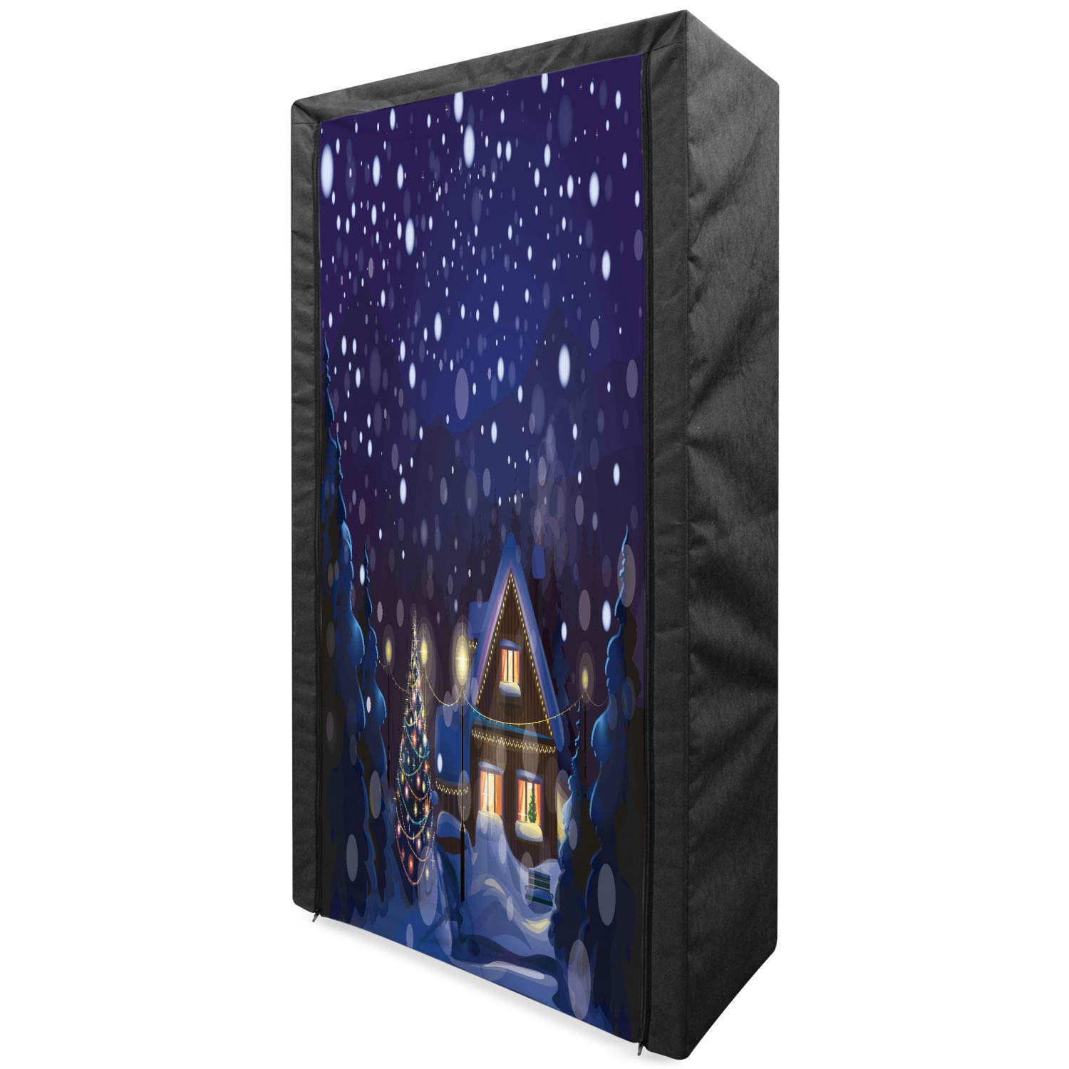 Ambesonne Christmas Portable Fabric Wardrobe - Winter Night Country Landscape with Pine Trees & Snow - 33.5