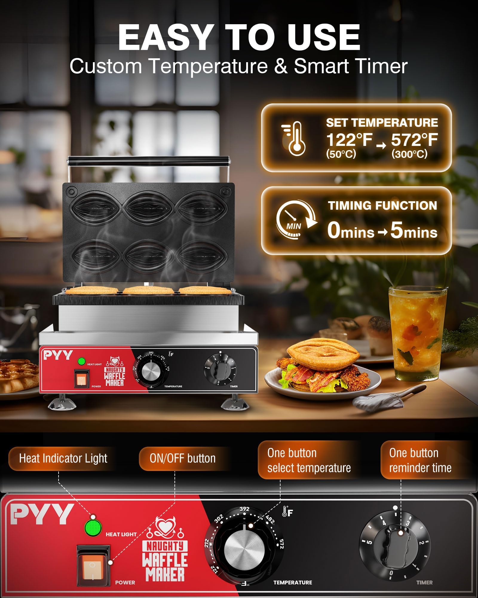 Commercial Waffle Maker - 6-Piece Unique Abalone Shape Waffle Iron with Non-Stick Coating, 1600W Electric Stainless Steel Double-Sided Removable Plates, Adjustable Temperature 122-572°F - Perfect for Restaurants, Cafes, and Home Breakfast Cooking
