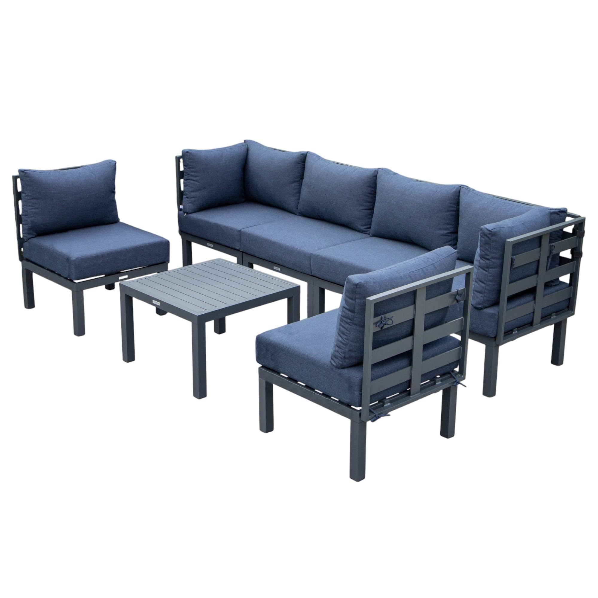 LeisureMod Chelsea 7-Piece Outdoor Patio Conversation Set with Aluminum Sectional Sofa, Weather-Resistant Cushions & Coffee Table - Blue | Perfect for Backyard, Poolside & Garden Relaxation