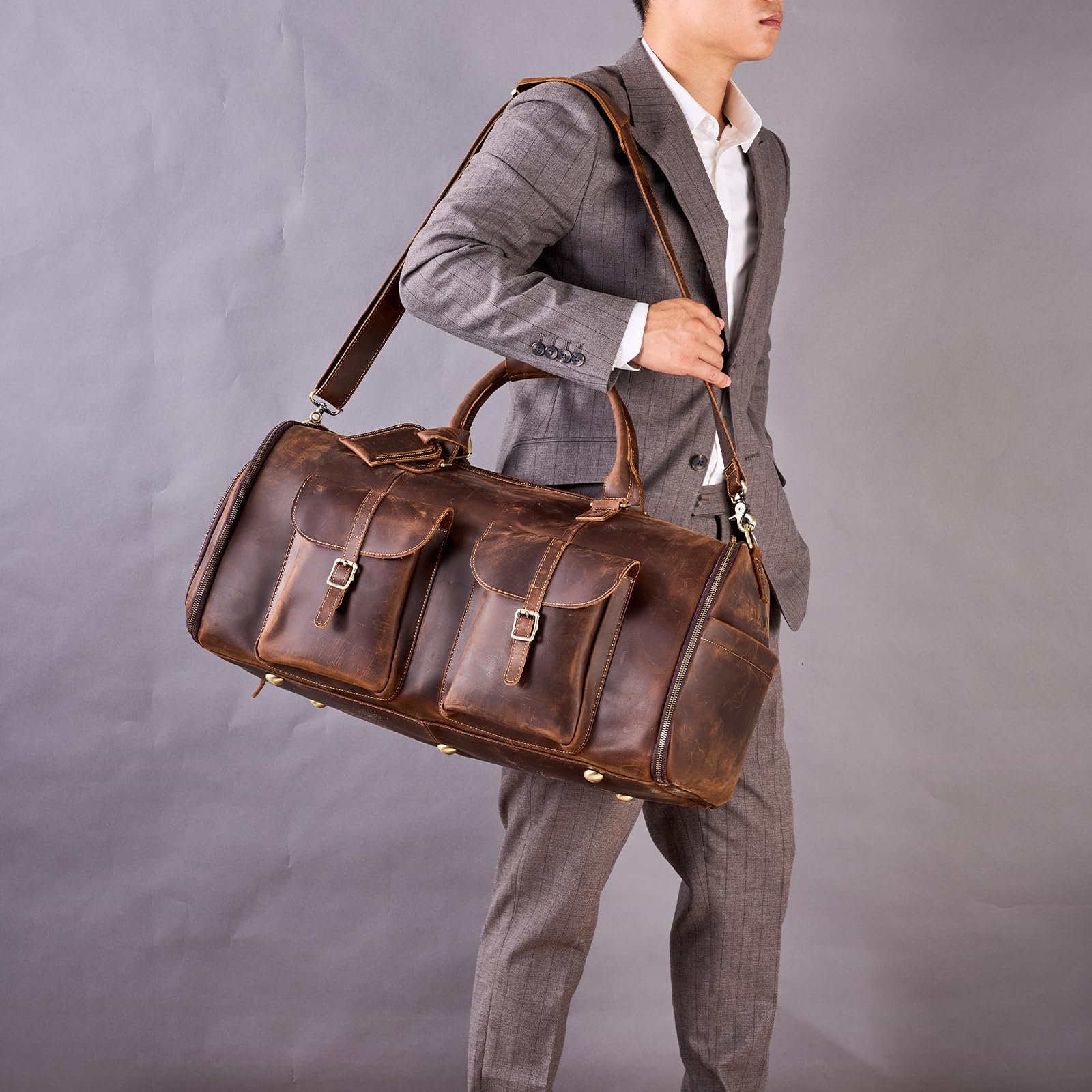 Premium Full Grain Leather Convertible Garment Bag with Shoe Compartment - Duffle Carry On Weekender for Men & Women - Business Travel Suitcase with Hanging Function (Dark Brown) - Perfect for Business Trips, Weekend Getaways & Airplane Travel