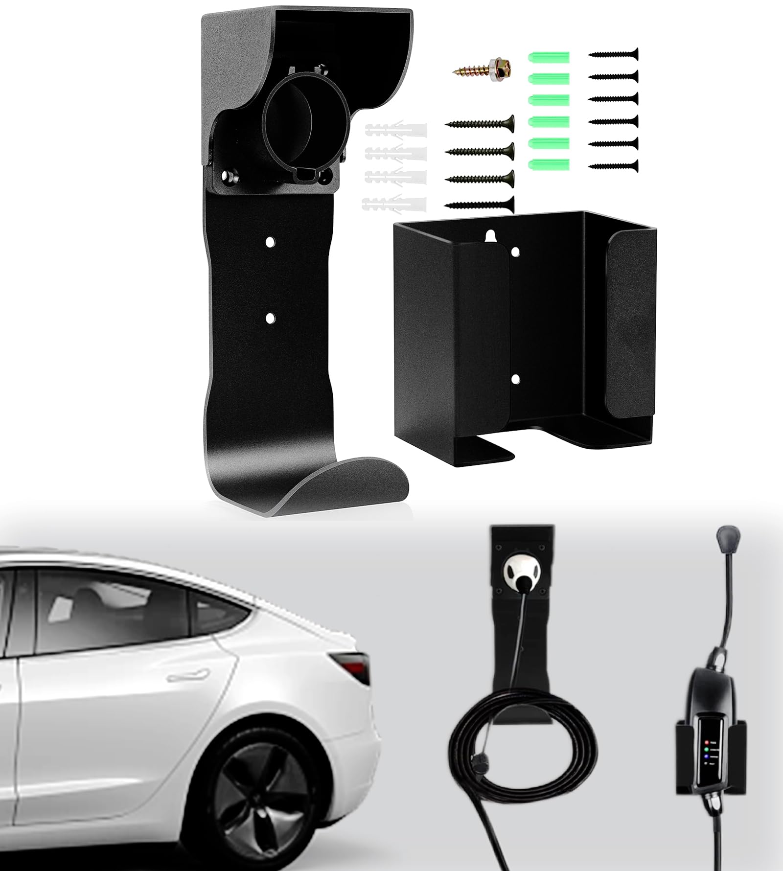 EV Charger Holder Kit - Wall Mount Cable Organizer for SAE J1772 & Tesla Chargers - Includes Charging Box Holder, J-Hook & Nozzle Holster - Perfect for Garage, Parking Lot & Home EV Charging Stations