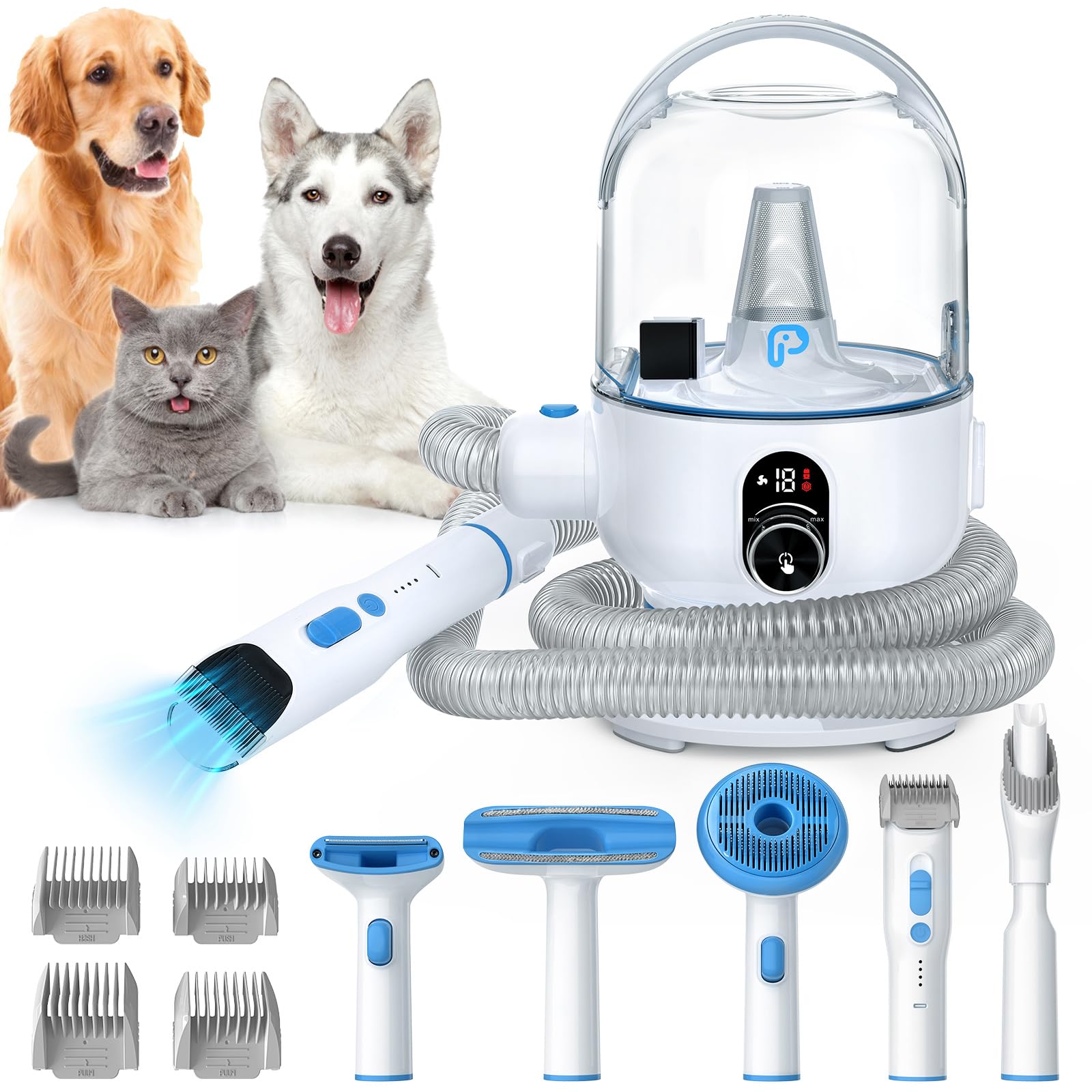 OMTech Professional Dog Grooming Vacuum Kit - 2L Dust Cup, Low Noise Pet Hair Vacuum with 99% Suction Power & 5 Grooming Tools for Dogs, Cats & Small Animals | Perfect for Home Pet Grooming, Shedding Control & Allergy Relief