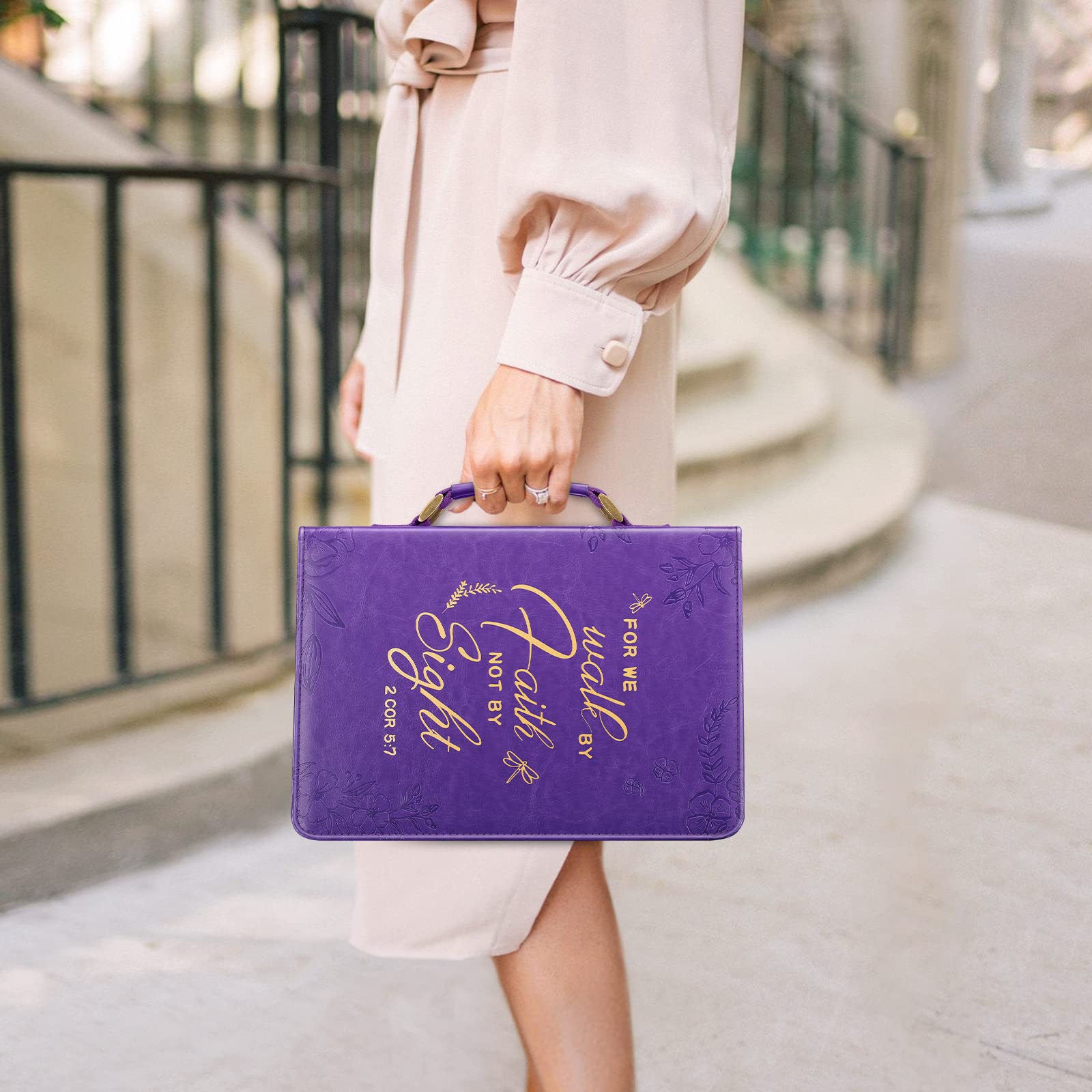 FINPAC Large Classic Vegan Leather Bible Cover with Handle - Protective Bible Carrying Case for Church, Travel & Daily Use - Perfect Gift for Women, Mothers & Friends (Purple)