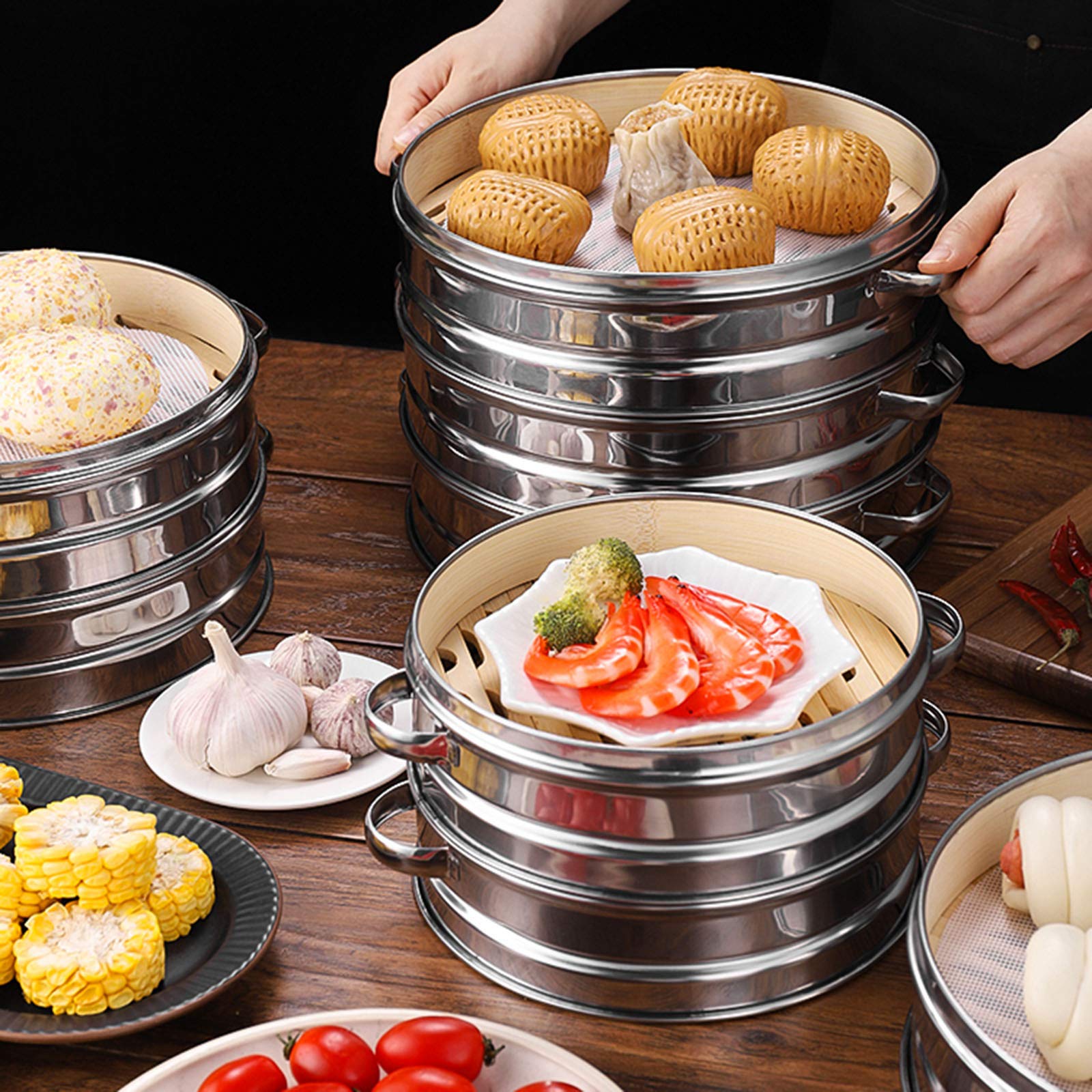 Premium Bamboo Steamer with Lid - 2-Tier Stainless Steel Food Steamer Basket for Healthy Cooking | Perfect for Vegetables, Meat, Dumplings, Dim Sum & Buns | Ideal for Asian Cuisine, Meal Prep & Party Serving
