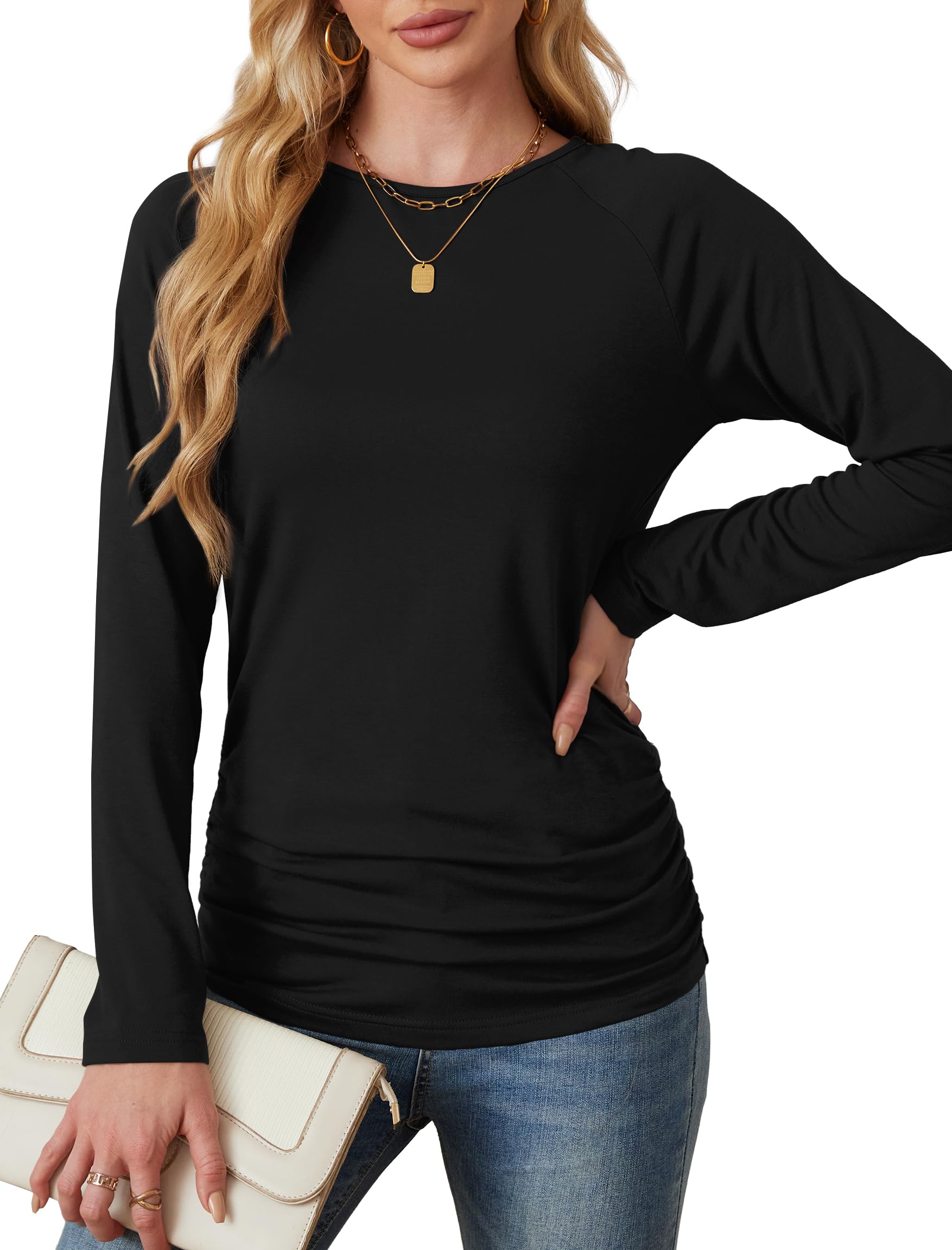 Elegant Women's Long Sleeve Pleated Button-Down Shirt - Crewneck Dressy Casual Top for Work, Office & Everyday Wear | Saloogoe