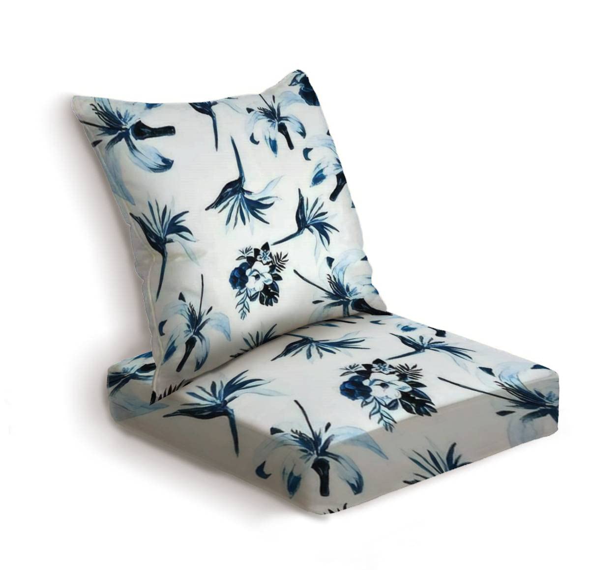 2-Piece Outdoor Deep Seat Cushion Set - Waterproof White & Indigo Tropical Floral Pattern - Replacement Cushions for Patio Lounge Chairs, Sofas & Conversation Sets - Perfect for Poolside, Garden & Backyard Relaxation