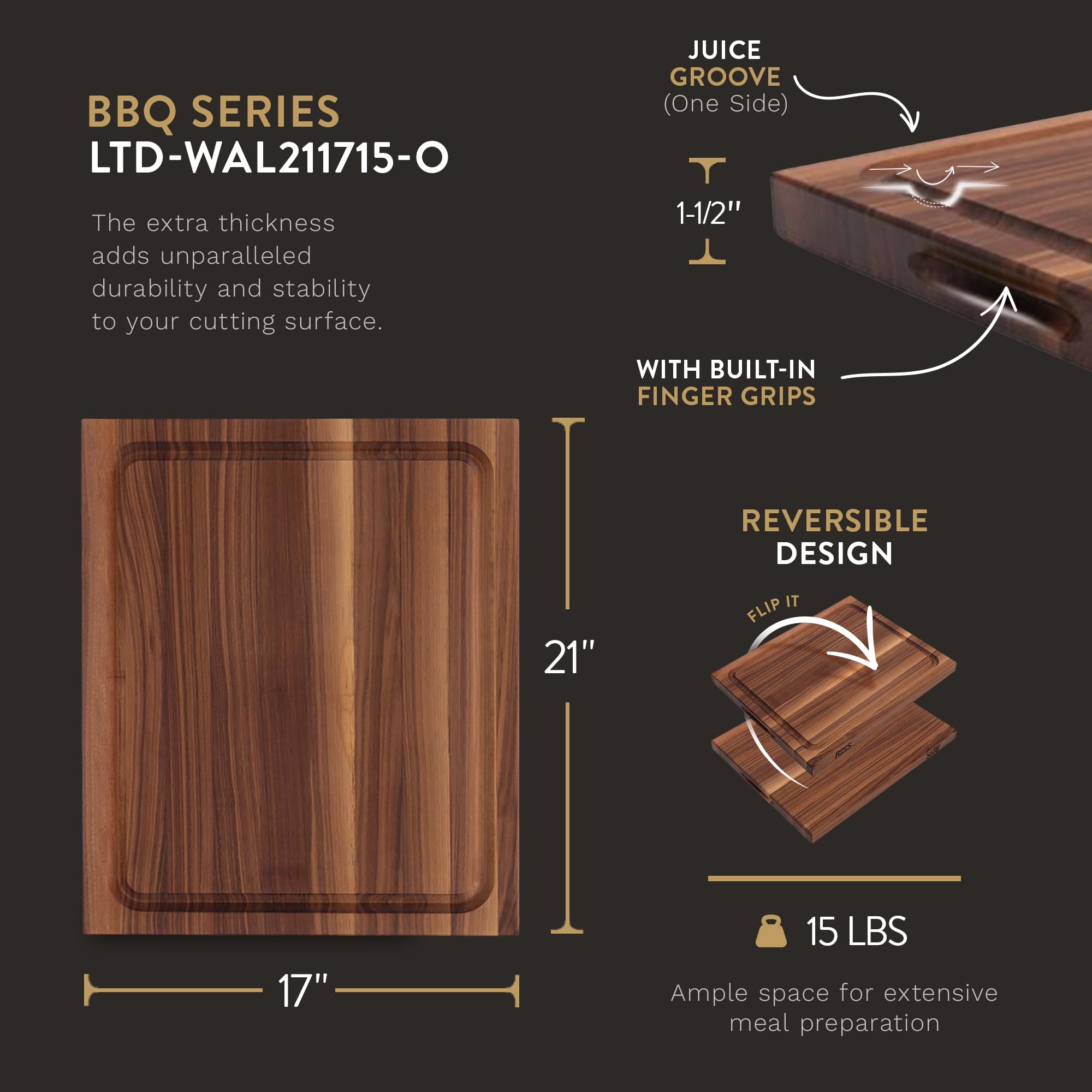 Premium John Boos Reversible Walnut Wood BBQ Cutting Board with Juice Groove - 17