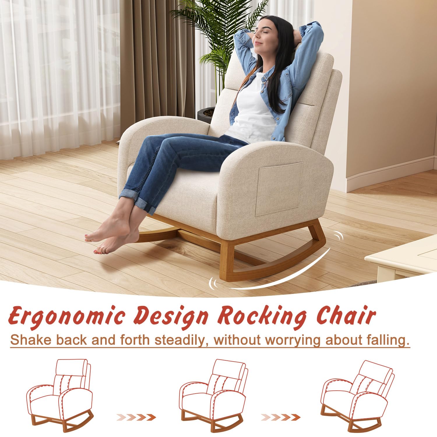 Comfy Upholstered Glider Rocking Chair with High Backrest & Side Pocket - Nursery Rocker, Bedroom Accent Chair & Living Room Armchair - Perfect for Breastfeeding, Reading & Relaxing (Cream)