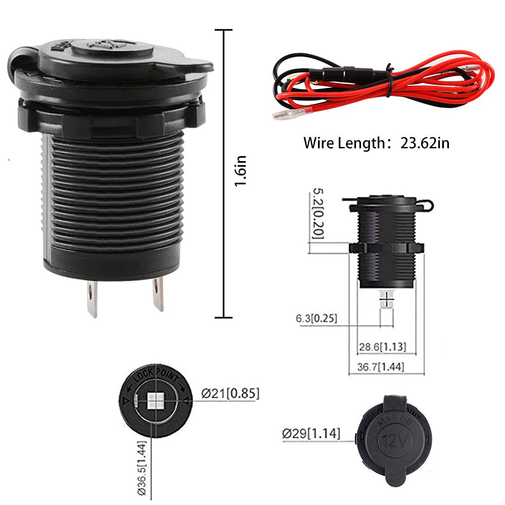 12V Waterproof Cigarette Lighter Socket - 3 Pack with Fuse & Wire for Car, Boat, ATV, RV, Marine & Motorcycle - Power Outlet Receptacle Plug for Charging Devices On The Go