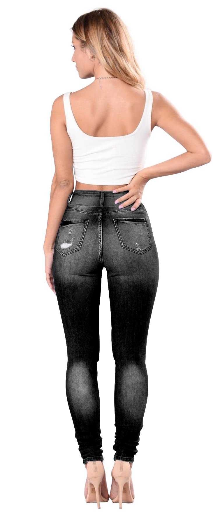 Women's High Waisted Butt Lifting Stretch Skinny Jeans - Ripped Distressed Denim Pants with Button Fly for Juniors | Perfect for Casual Outfits, Date Nights & Streetwear Fashion