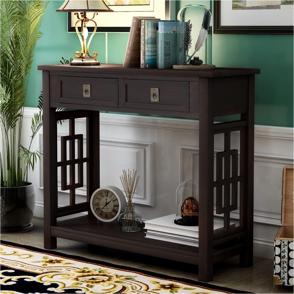 NYCSUOANI Modern Espresso Console Table with 2 Drawers & Bottom Shelf - Entryway Sofa Table for Hallway, Living Room & Bedroom - Sturdy Wooden Hall Table for Home Decor & Storage
