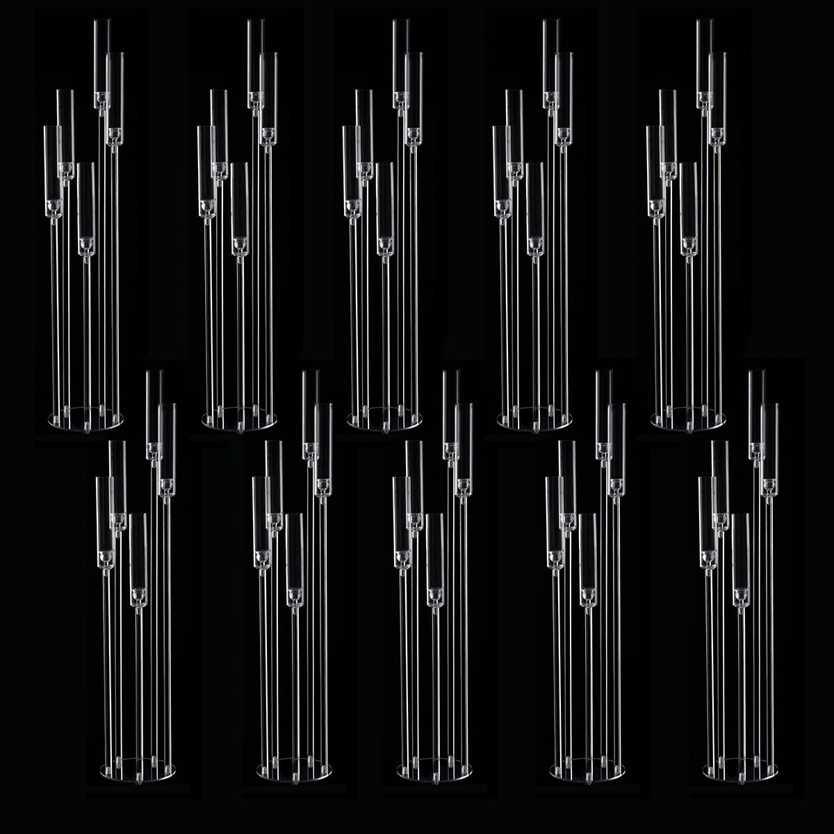 10-Pack Clear Acrylic 5-Arm Floor Candelabra - Tall Wedding Candle Holder for Table Centerpiece, Ceremony Decor, Party & Home Decoration - Fits 0.8