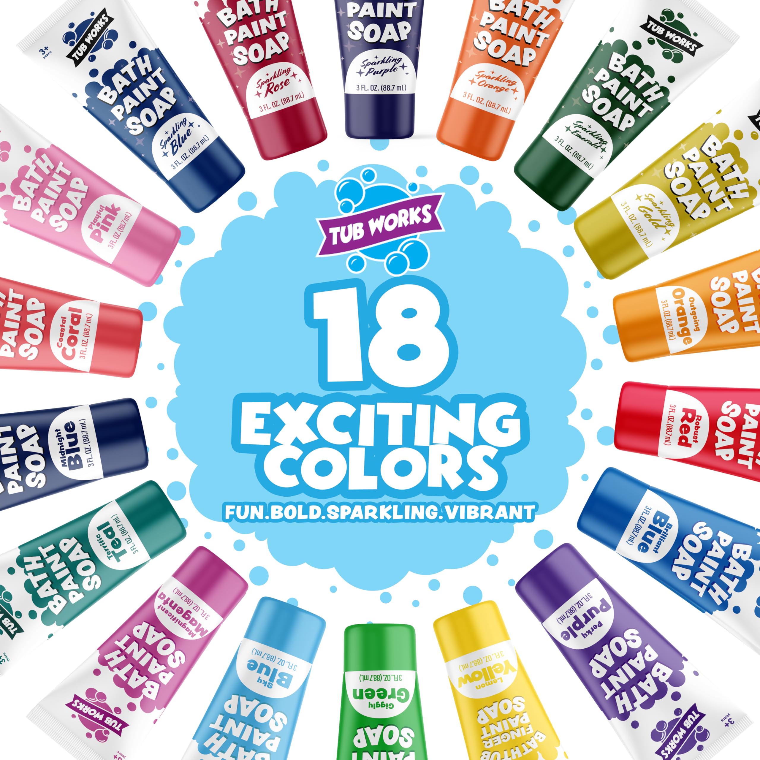 Tub Works® Non-Toxic Bath Paint Soap - 18 Pack Washable Bathtub Finger Paint for Toddlers & Kids | Creative Bath Toys for Sensory Play | Easy-to-Clean & Safe for Bathtime Fun | Perfect for Birthday Gifts & Preschool Activities