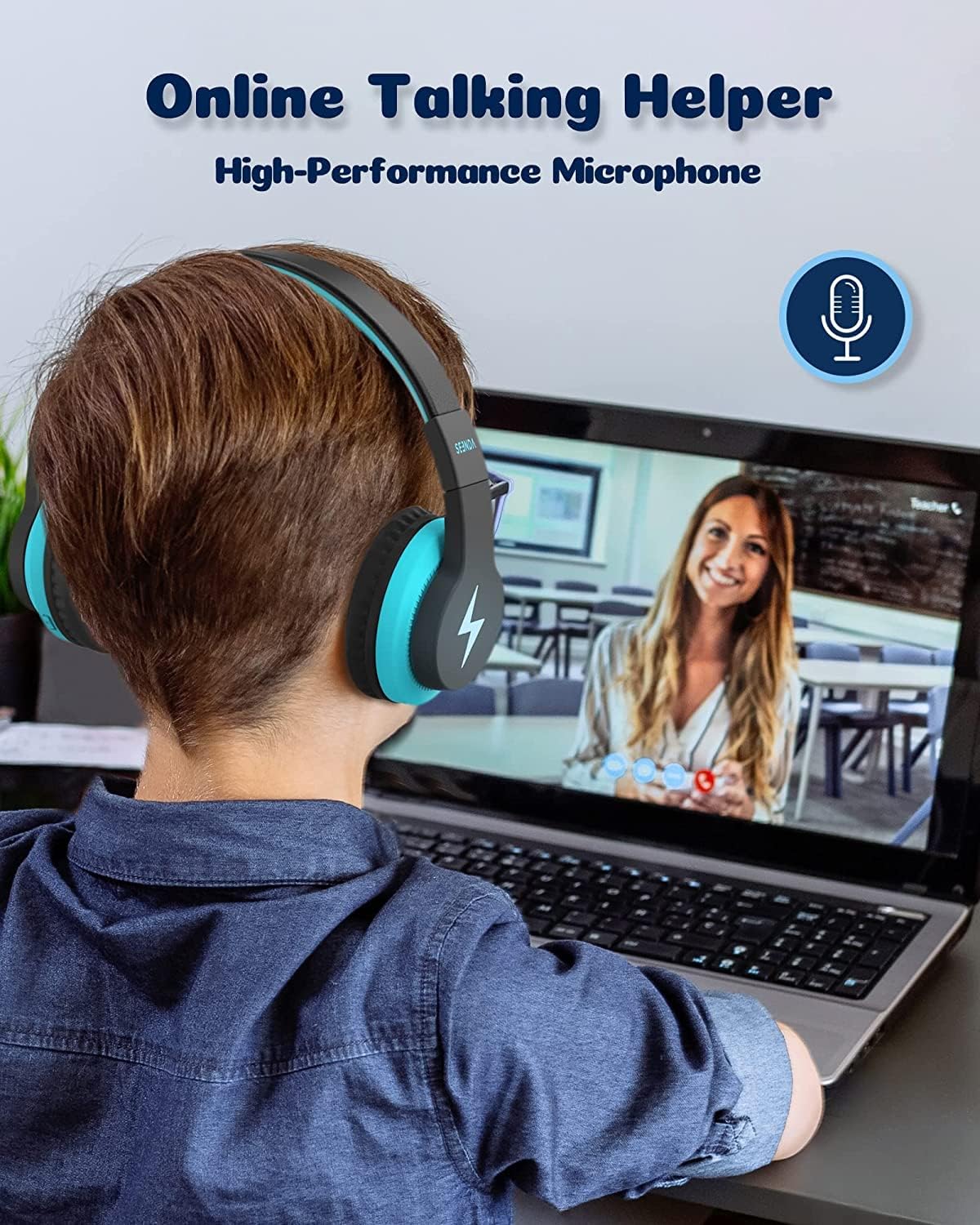 Seenda Kids Bluetooth Headphones with LED Lights - Foldable Over-Ear Wireless/Wired Headset (85dB/94dB Volume Limited) for School, Travel, Gaming & TV - Compatible with PC, Tablet, Airplane - Black & Blue | Perfect for Online Classes, Long Flights & Entertainment