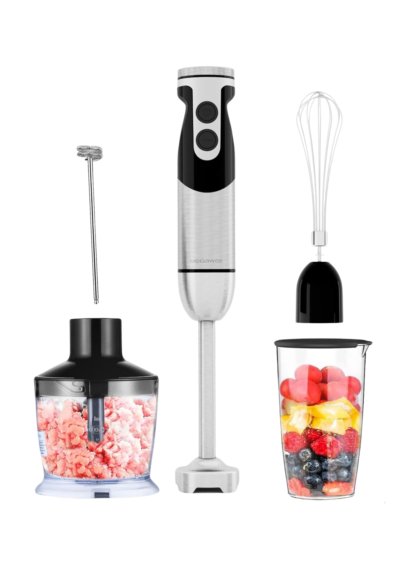 MegaWise Pro Titanium Reinforced 5-in-1 Immersion Hand Blender - 800W Powerful Motor with Ultra Sharp Blades - 12-Speed Control with 500ml Chopper, 600ml Beaker, Whisk & Milk Frother - Perfect for Smoothies, Soups, Sauces & Baking (Black)