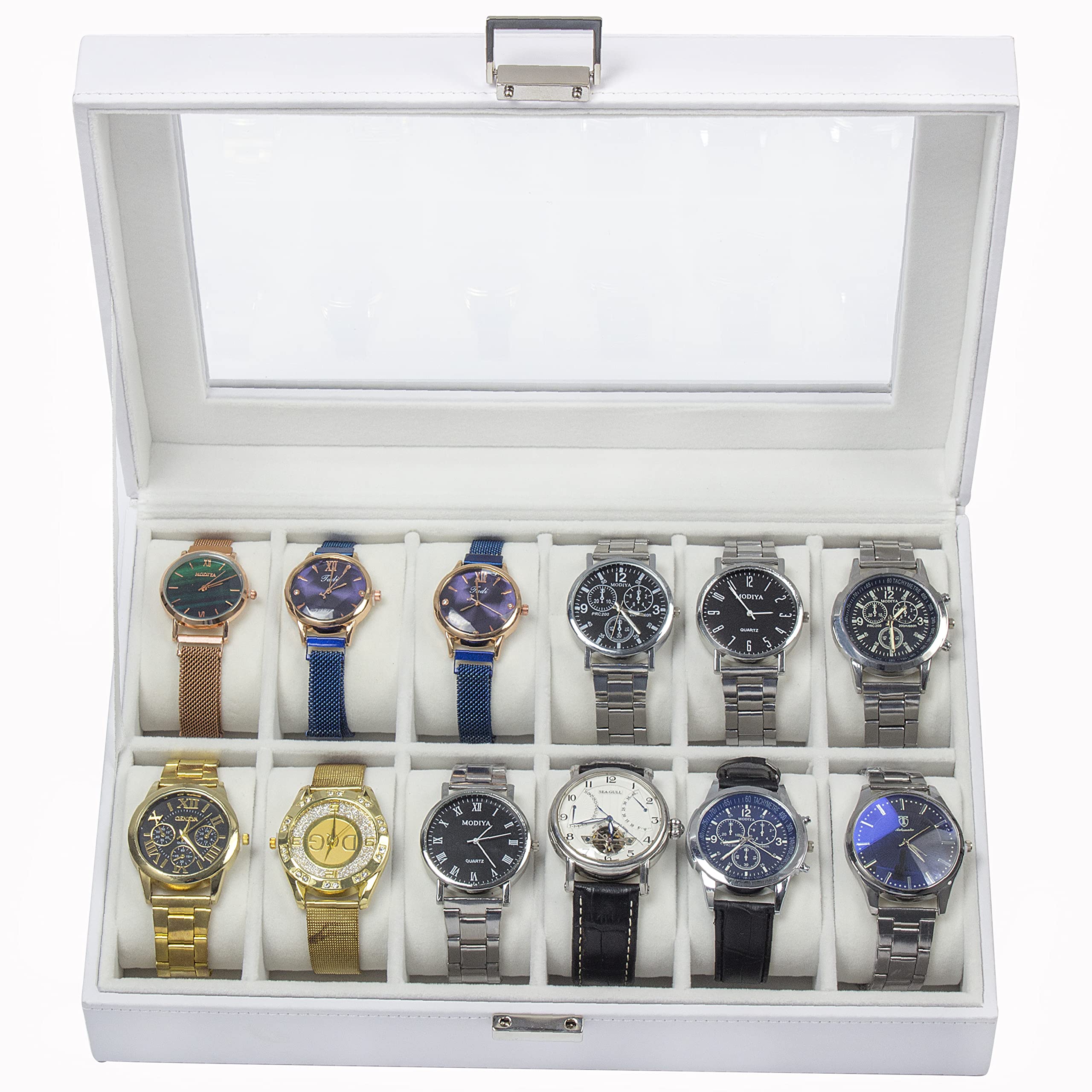 GUKA 12 Slot Watch Box with Real Glass Top & Removable Watch Pillows - Premium White Synthetic Leather Watch Display Case for Men & Women - Perfect for Watch Collection, Storage, and Gift Giving