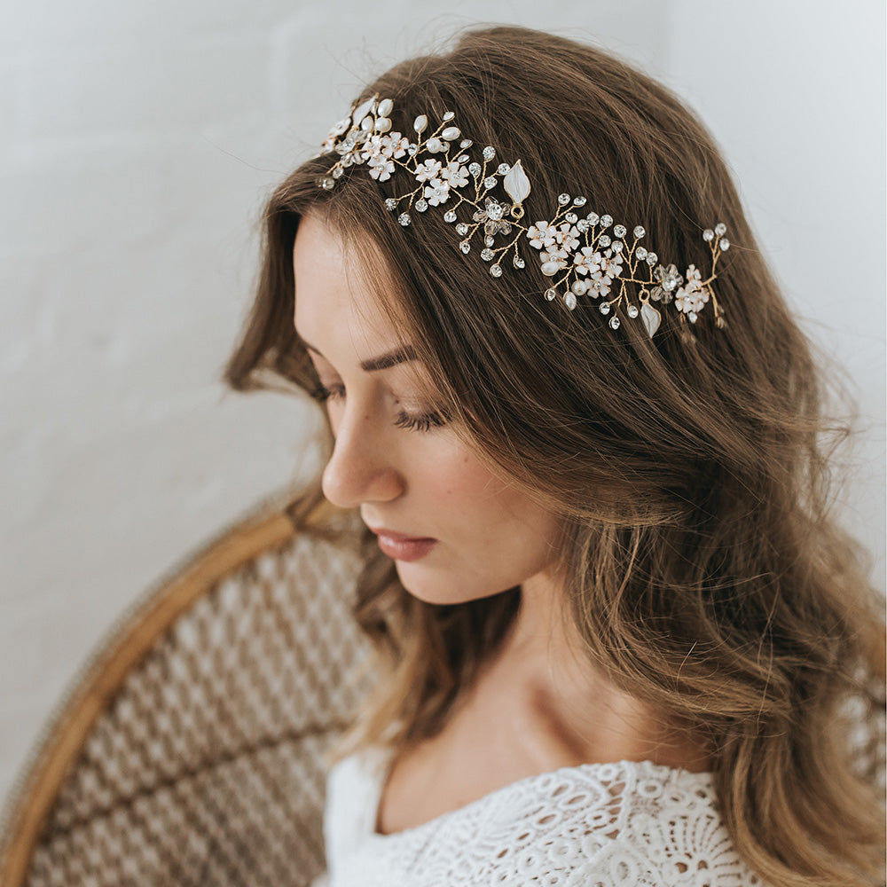 Alessia Gold Enamel Blossom and Leaf Hair Vine - Elegant Bridal Hair Accessory for Weddings, Prom, and Special Occasions