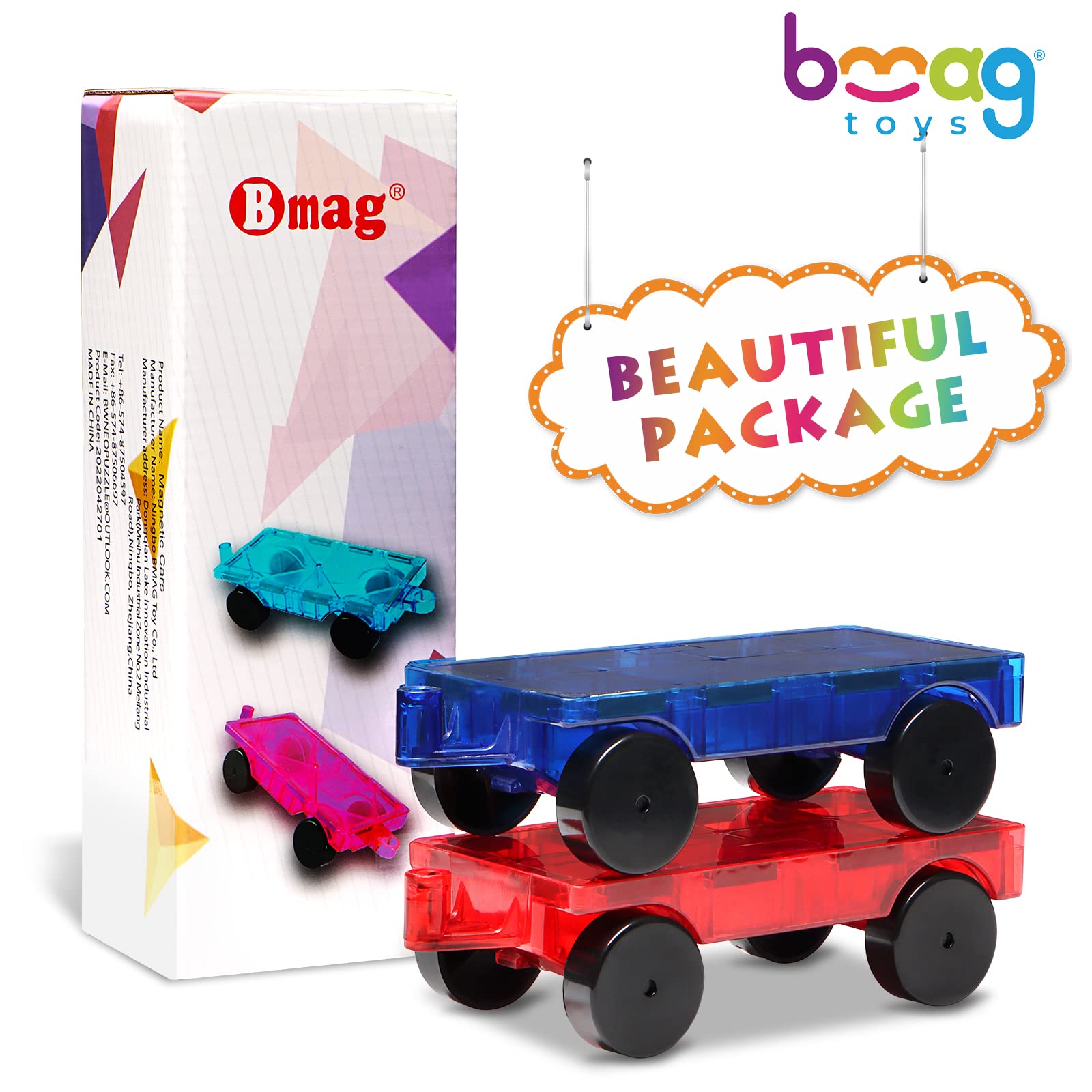 Bmag 2PCS Magnetic Car Building Set - Construction Vehicle STEM Toys with Magnet Tiles for Kids, Boys & Girls | Educational Learning Toy for Creative Play & Early Development | Perfect for Classroom, Home & Travel Activities