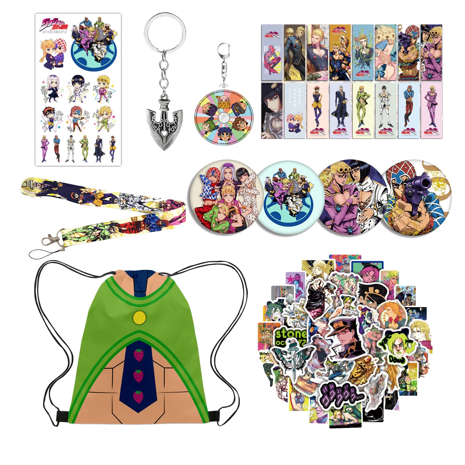 Anime Gift Set for Fans - 3D Drawstring Bag, 50 Stickers, 8 Cards, 4 Button Pins, 2 Keychains, Lanyard & Tattoo Stickers | Perfect for Cosplay, Conventions, Birthday Gifts & Anime Collectors