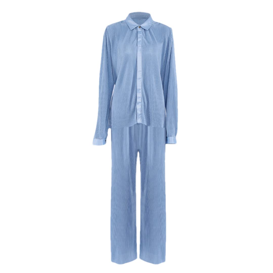 Women's High Waist Ruched Palazzo Pants with Loose Blouse Set - Stretchy Elastic Waistband & Oversized Fit for Casual Wear, Office Outfits & Summer Fashion