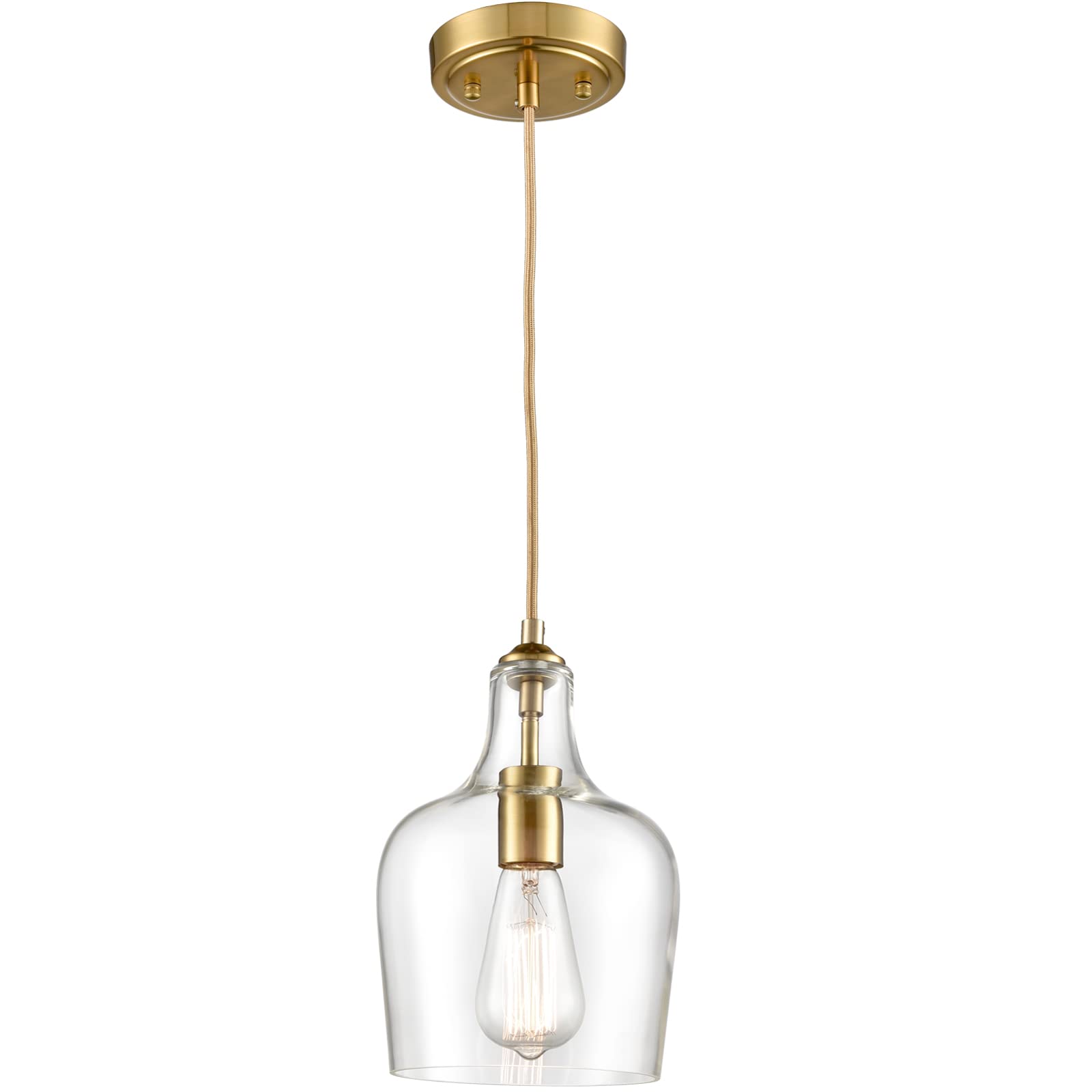 HYDELITE Modern Brushed Gold Pendant Light Fixture - Clear Glass Adjustable Cord Hanging Chandelier with Bell Shape for Kitchen Island, Dining Room & Living Room Lighting Decor