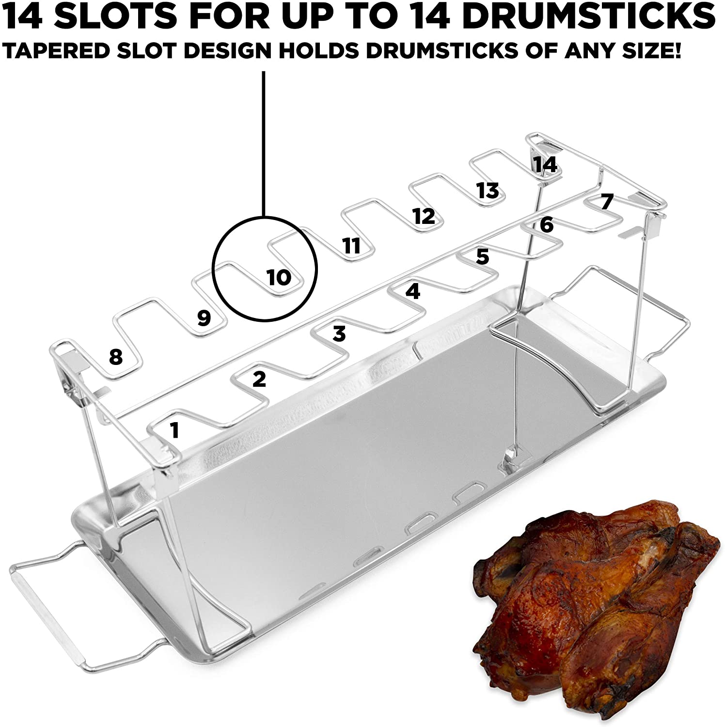 CASEMATIX 14-Slot Stainless Steel Chicken Leg & Wings Grill Rack with Drip Tray & Basting Brush - Non Stick BBQ Accessory for Perfect Grilling, Roasting, and Smoking - Ideal for Backyard BBQs, Camping, and Outdoor Cooking