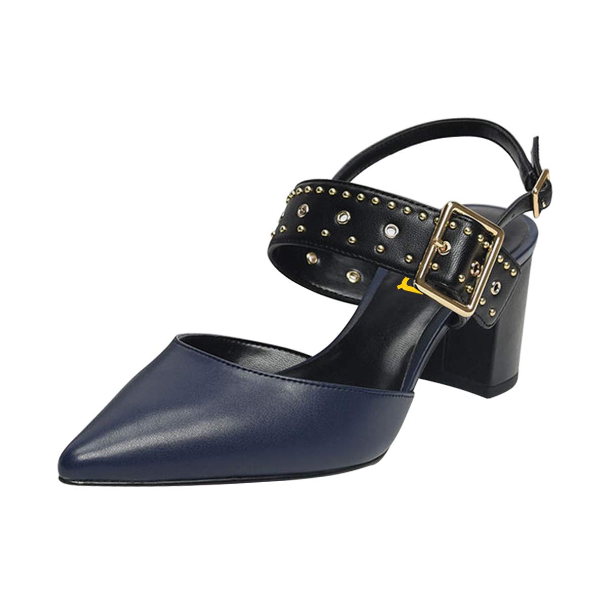 FSJ Women's Chunky Heel Strappy Sandals with Rivets & Studs - Pointed Toe Ankle Strap Pumps for Office, Party & Dress Occasions (US Sizes 4-15) | Comfortable Block Heel Shoes for Work, Weddings & Night Out