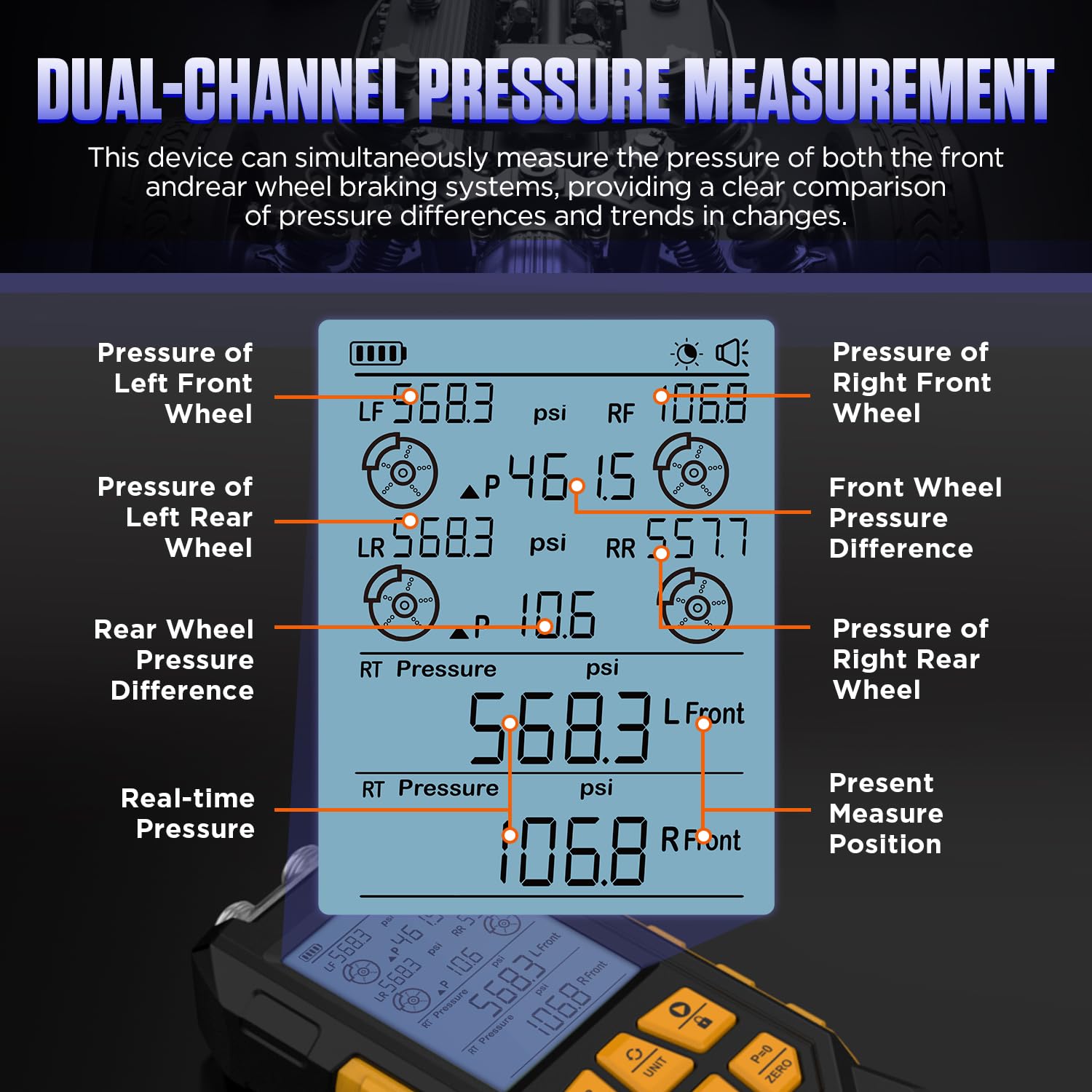 PT660 Digital Brake Pressure Tester - 0-210 Bar Dual Channel Automotive Brake System Diagnostic Tool with Smart Alarm & Multiple Connectors | Perfect for Mechanics, DIY Car Repair & Vehicle Maintenance
