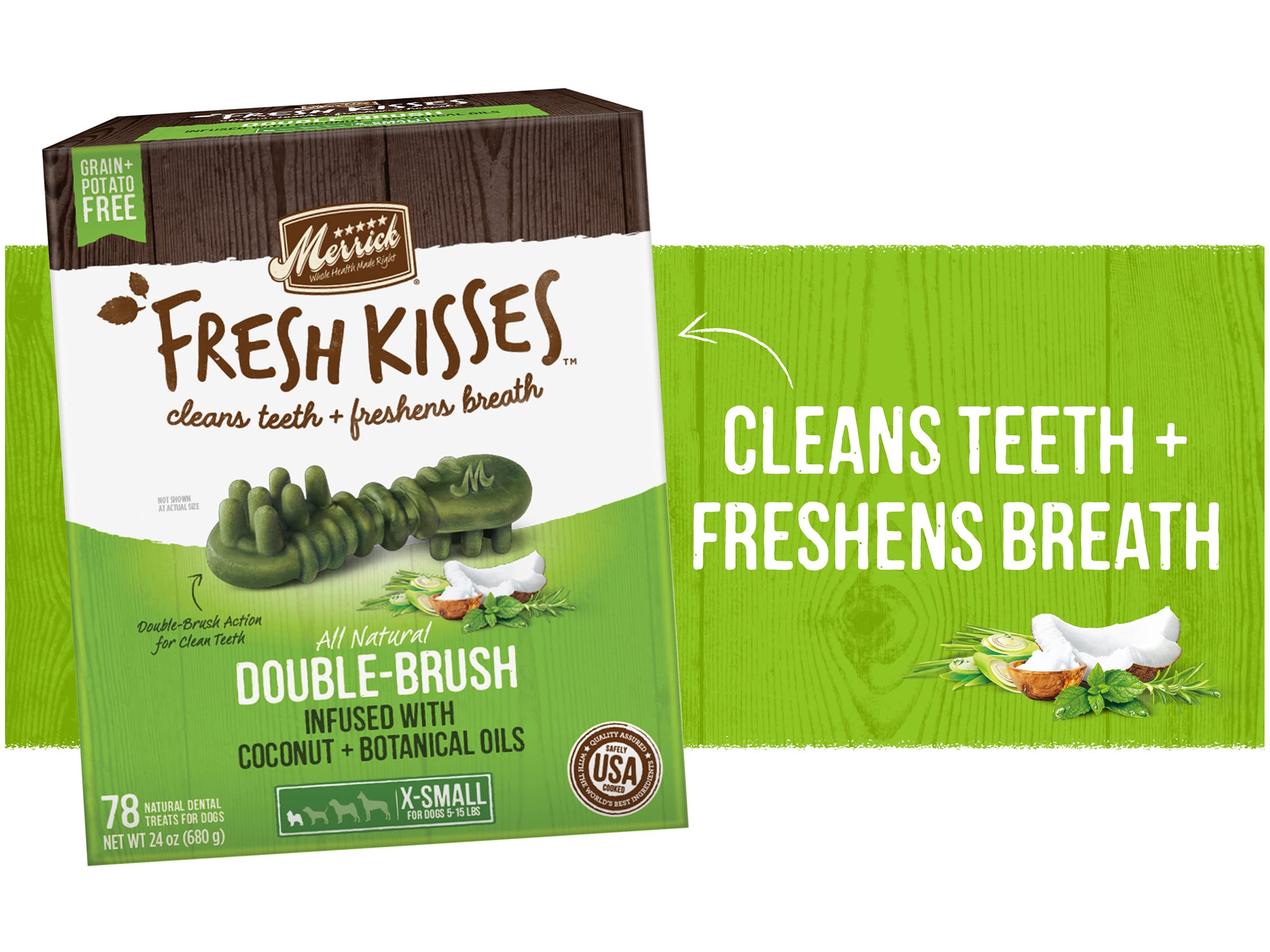 Merrick Fresh Kisses Double-Brush Dental Dog Treats for Small Dogs - Coconut & Botanical Oil Infused Teeth Cleaning Chews - 78 Treats per Pack (Pack of 2) - Freshens Breath & Promotes Oral Health for Puppies and Toy Breeds