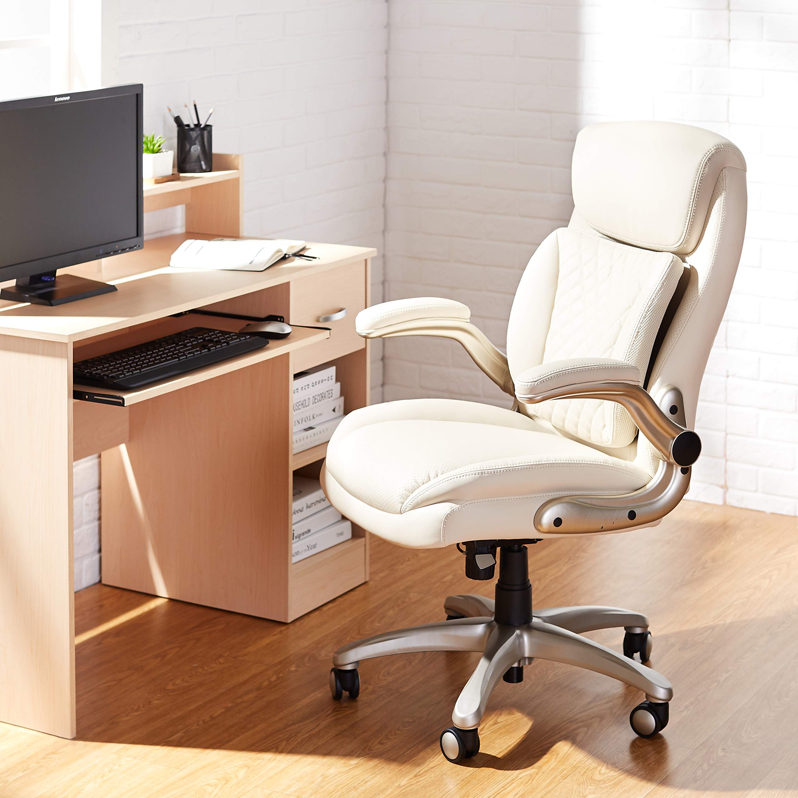 Amazon Basics Ergonomic Executive Office Chair - Adjustable Height, Tilt & Lumbar Support with Flip-Up Armrests - Cream Bonded Leather (29.5