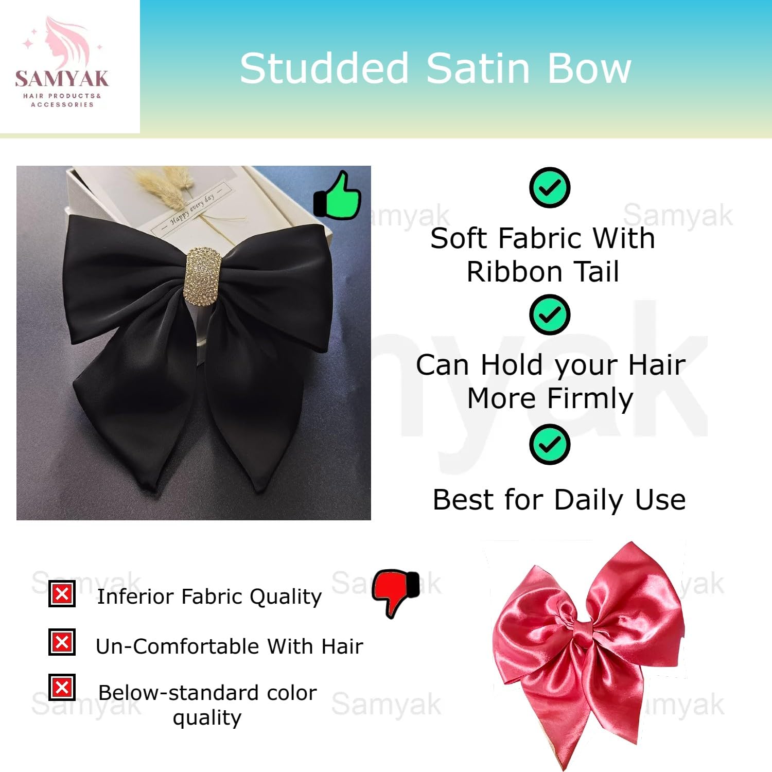 Samyak 2-Piece Studded Satin Bow Hair Clips - Alligator Barrettes for Women & Girls | Trendy Hair Accessories for Parties, Weddings & Everyday Styling