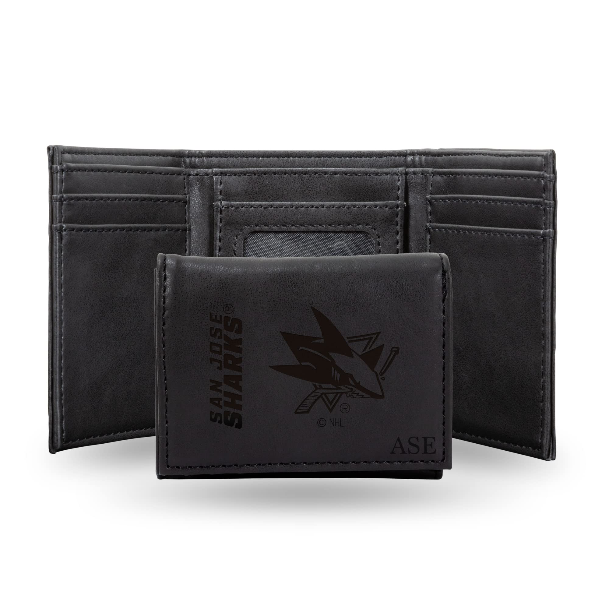 Personalized NHL San Jose Sharks Laser Engraved Slim Trifold Wallet - Custom Black Leather Wallet for Men - Perfect for Hockey Fans, Everyday Carry & Gift Giving
