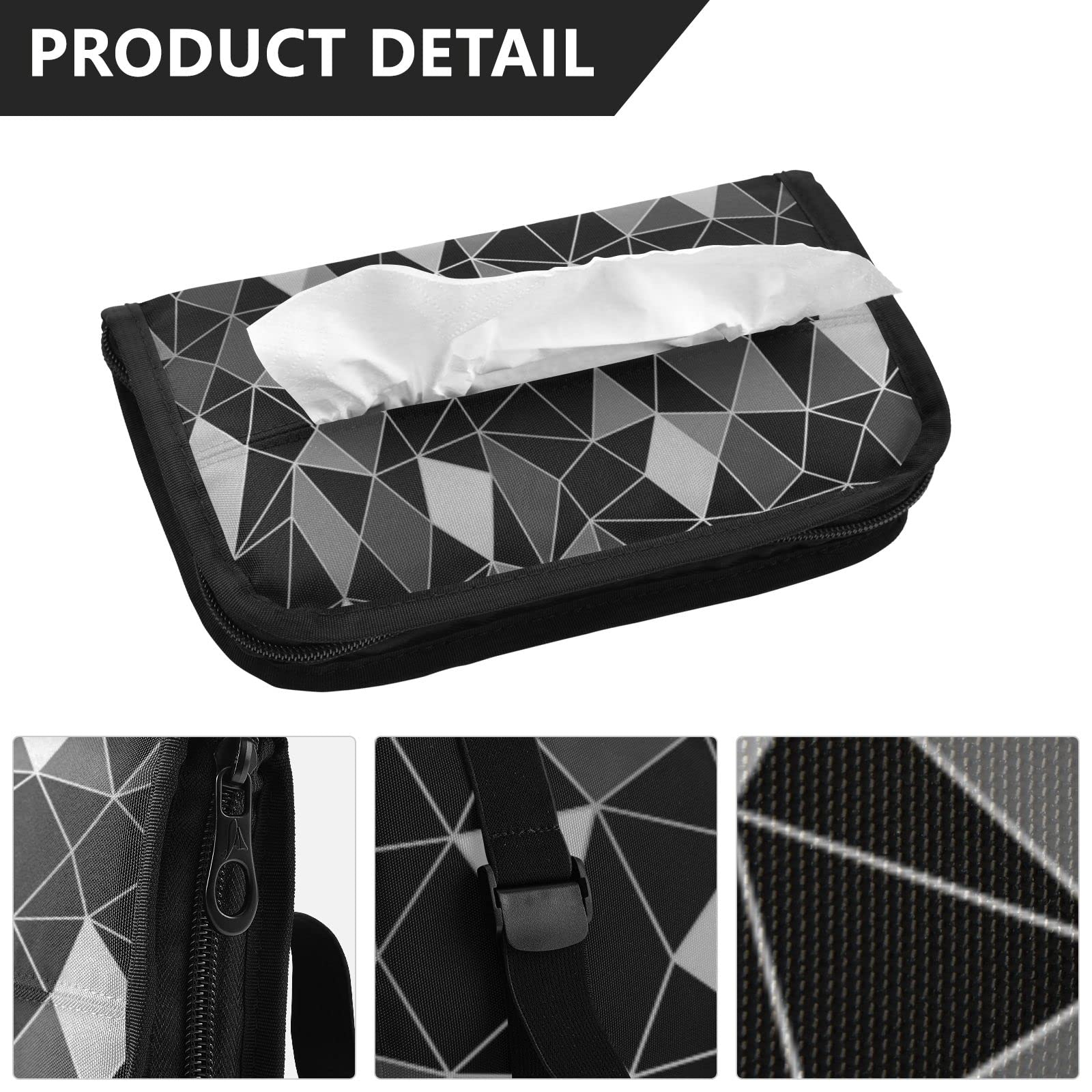 Geometric Black Grey Pattern Car Tissue Holder - Nylon Sun Visor Napkin & Mask Organizer - Car Tissue Box with Refill - Perfect for Road Trips & Daily Commutes