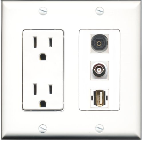 RiteAV 15 Amp Power Outlet with 1 USB Port, 1 Toslink Port & 1 BNC Port - Decorative Wall Plate for Home Theater, Office & Smart Home Setup