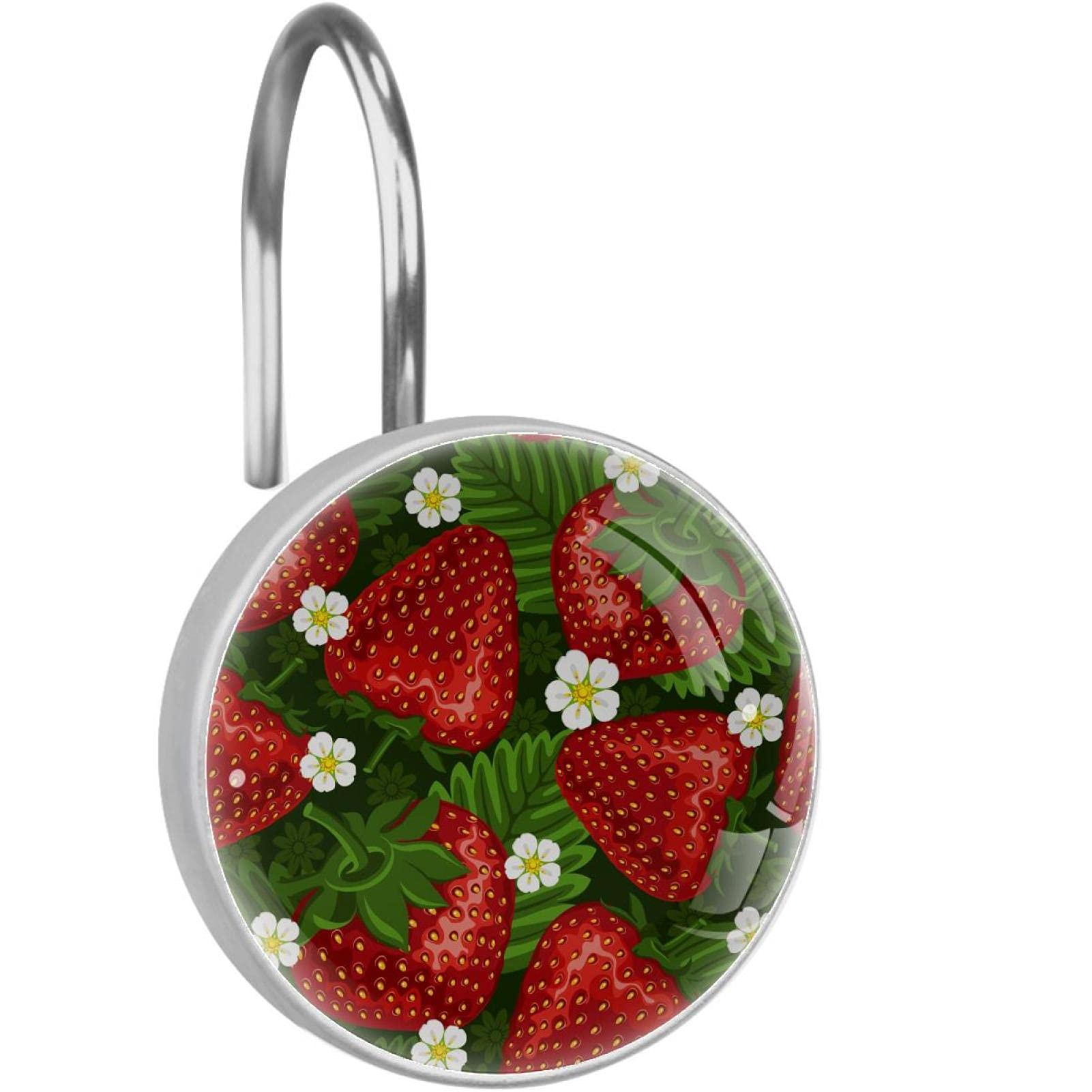 Premium Stainless Steel Shower Curtain Hooks - Set of 12 Rust-Resistant Double Hooks for Bathroom Decor, Strawberry & Herb Design - Perfect for Farmhouse, Vintage, or Cottage Style Bathrooms