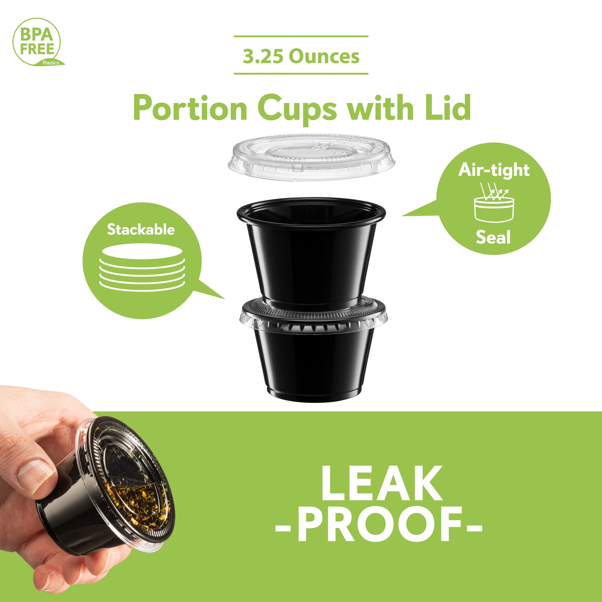 100-Pack 3.25 oz Black Disposable Plastic Portion Cups with Lids - Small Mini Containers for Portion Control, Jello Shots, Meal Prep, Sauces, Condiments, Dressings, Medicine, Crafts & Slime - Perfect for Parties, Restaurants, Catering & Home Use