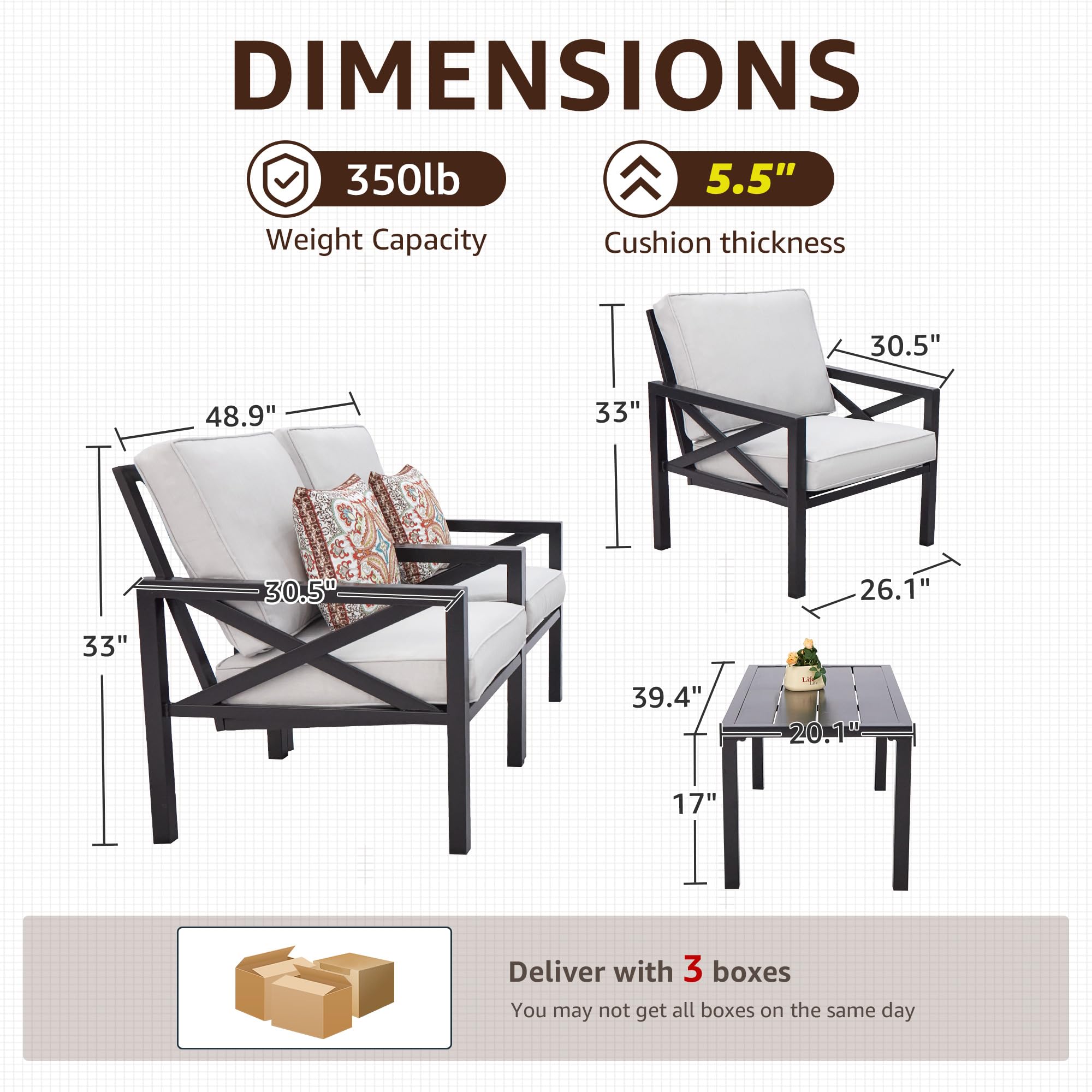 Modern 4-Piece Outdoor Patio Furniture Set - Metal Sectional Sofa with 5.5